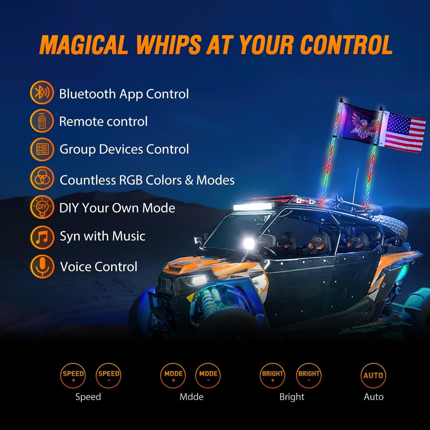 Nilight 2PCS 5FT RGB LED Whip Light with Spring Base Remote App Control w/DIY Chasing Patterns Turn Signal & Brake Lights for ATV UTV Polaris RZR Can-am Dune Buggy Jeep