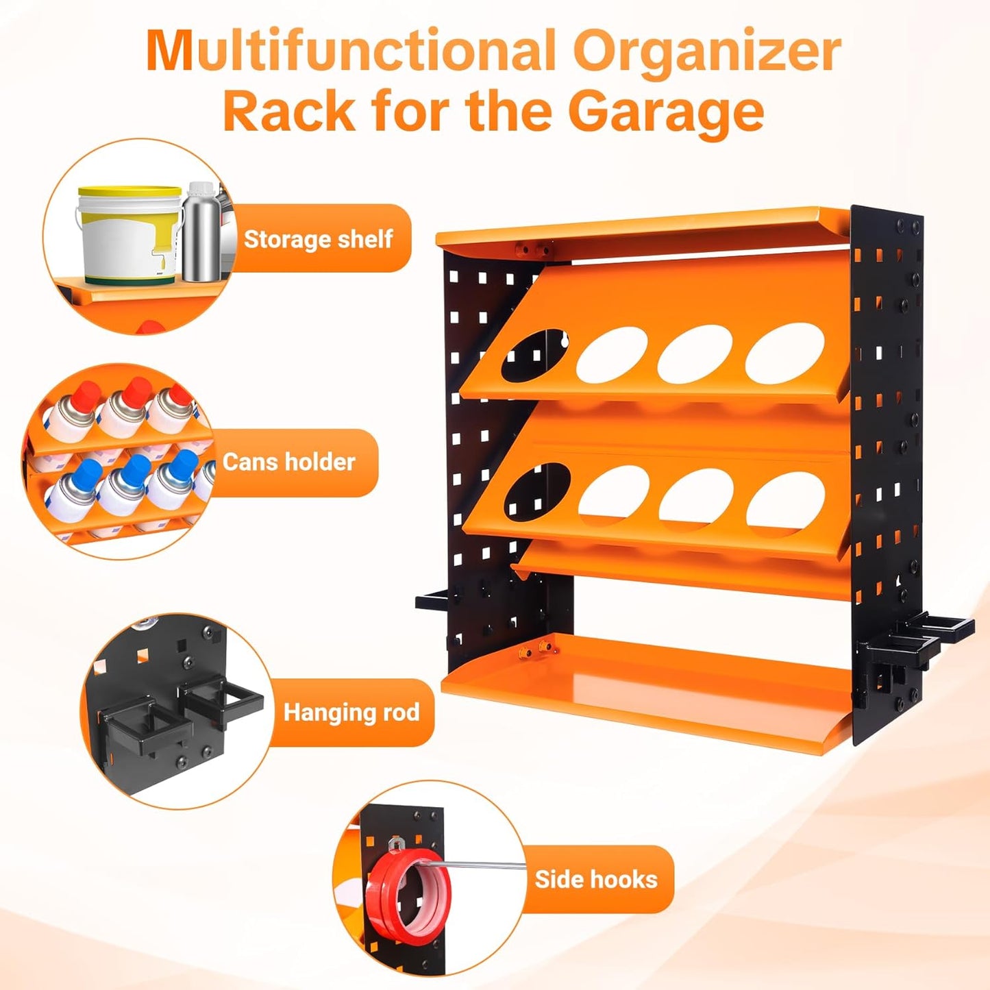 Heavy Duty Metal Spray Can Holder - Wall Mount or Countertop Spray Bottle Lube Can Organizer for Garage & Home & Workshop, Peg Board on Both Sides | 8 Can Holes & 6 Steel Hooks, 5 Plastic Hooks