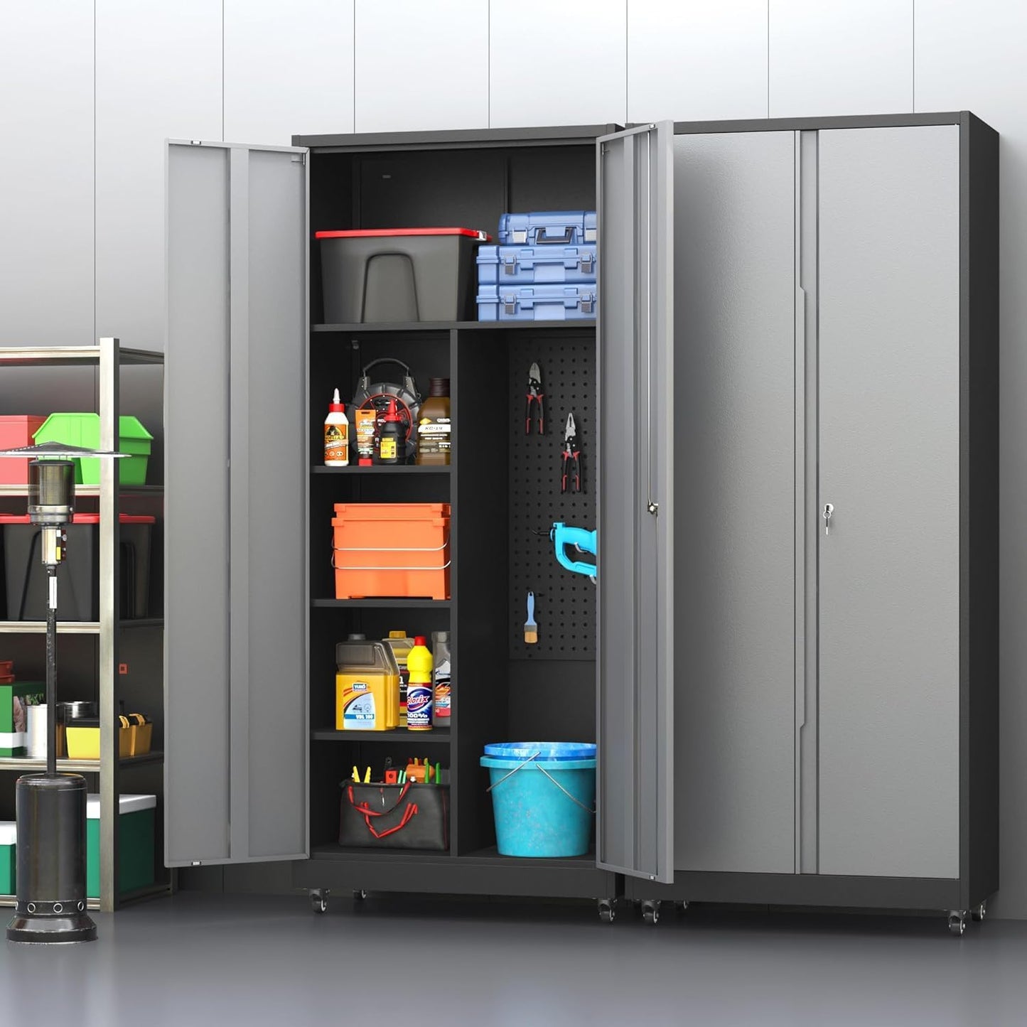 Metal Garage Storage Cabinet with 2 Doors, Adjustable Rolling Tool Storage Cabinet with Lock, 71" Steel Locking Tool Cabinet with Wheels and Shelves for Garage, Warehouse(Black&Gray, 71" H)