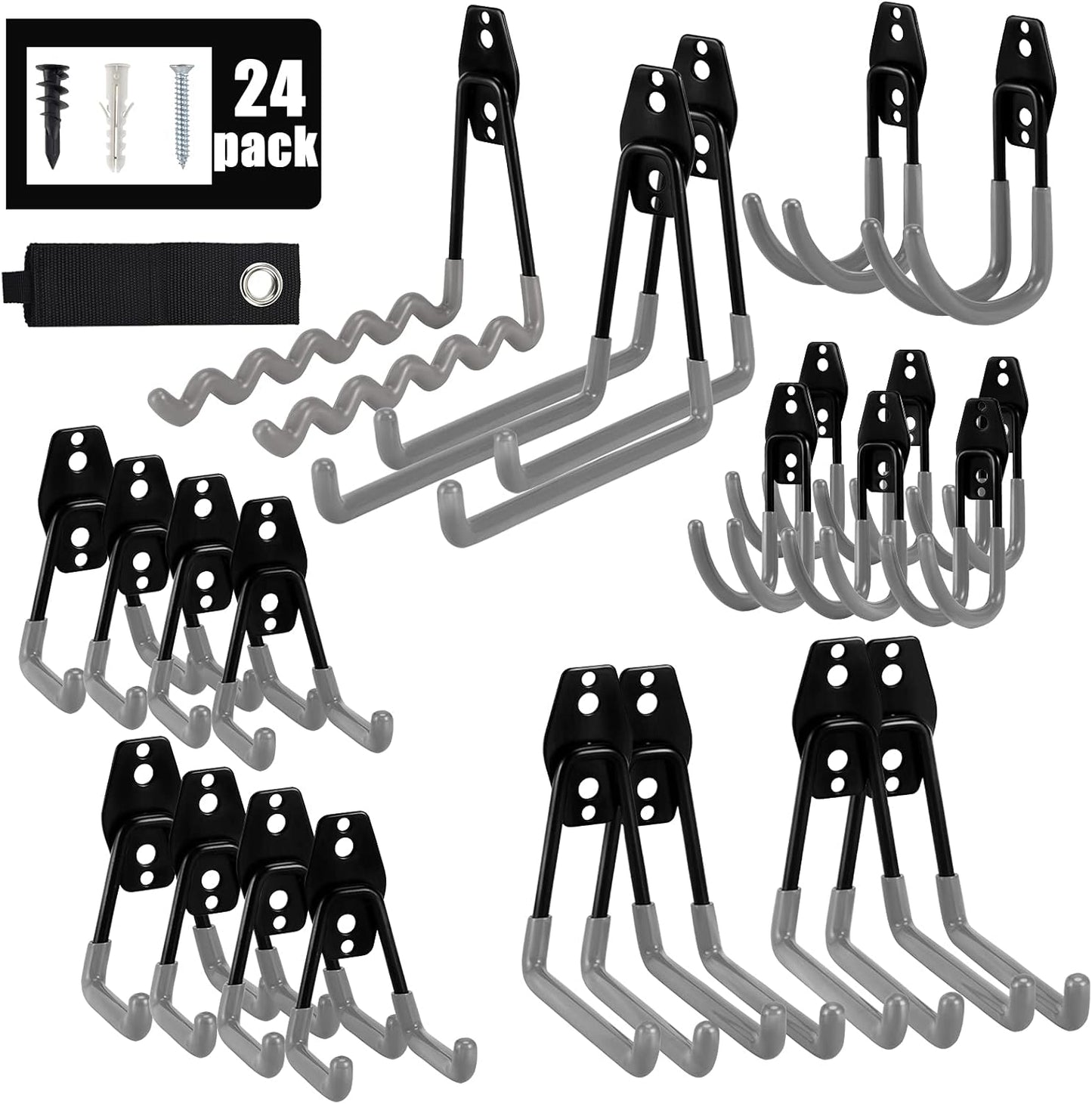 Aoben 24PCS Heavy Duty Garage Hanger Organizer Anti-Slip Double Wall Storage Hooks for Power Tools, Bikes, Ropes (23 Hooks & 1 Holder Strap)-Grey