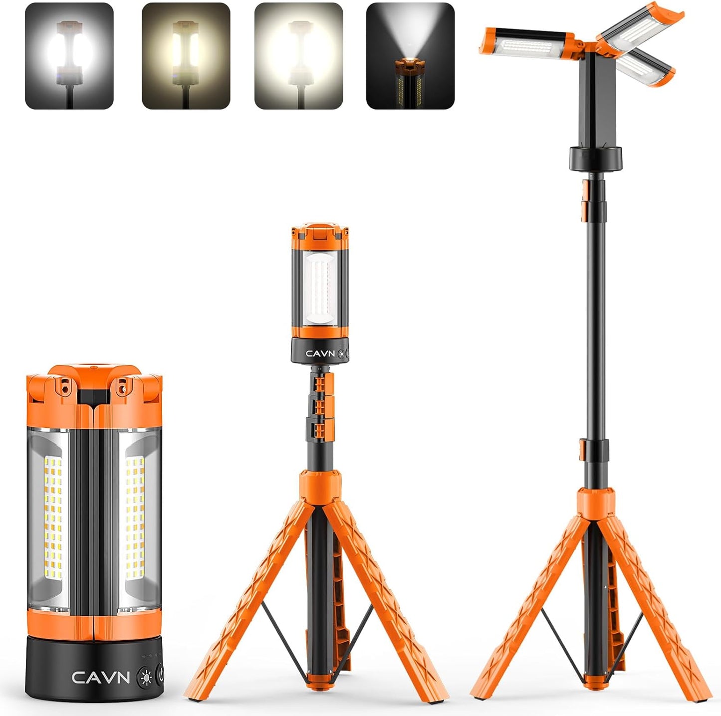 CAVN Rechargeable 10000mAh Camping Lights with Stand 6.5 ft Max Height, Portable Cordless LED Work Light 2200 Lumens 6500/4500/3500K Dimmable Camping Essentials Gear with Detachable Tripod, Orange