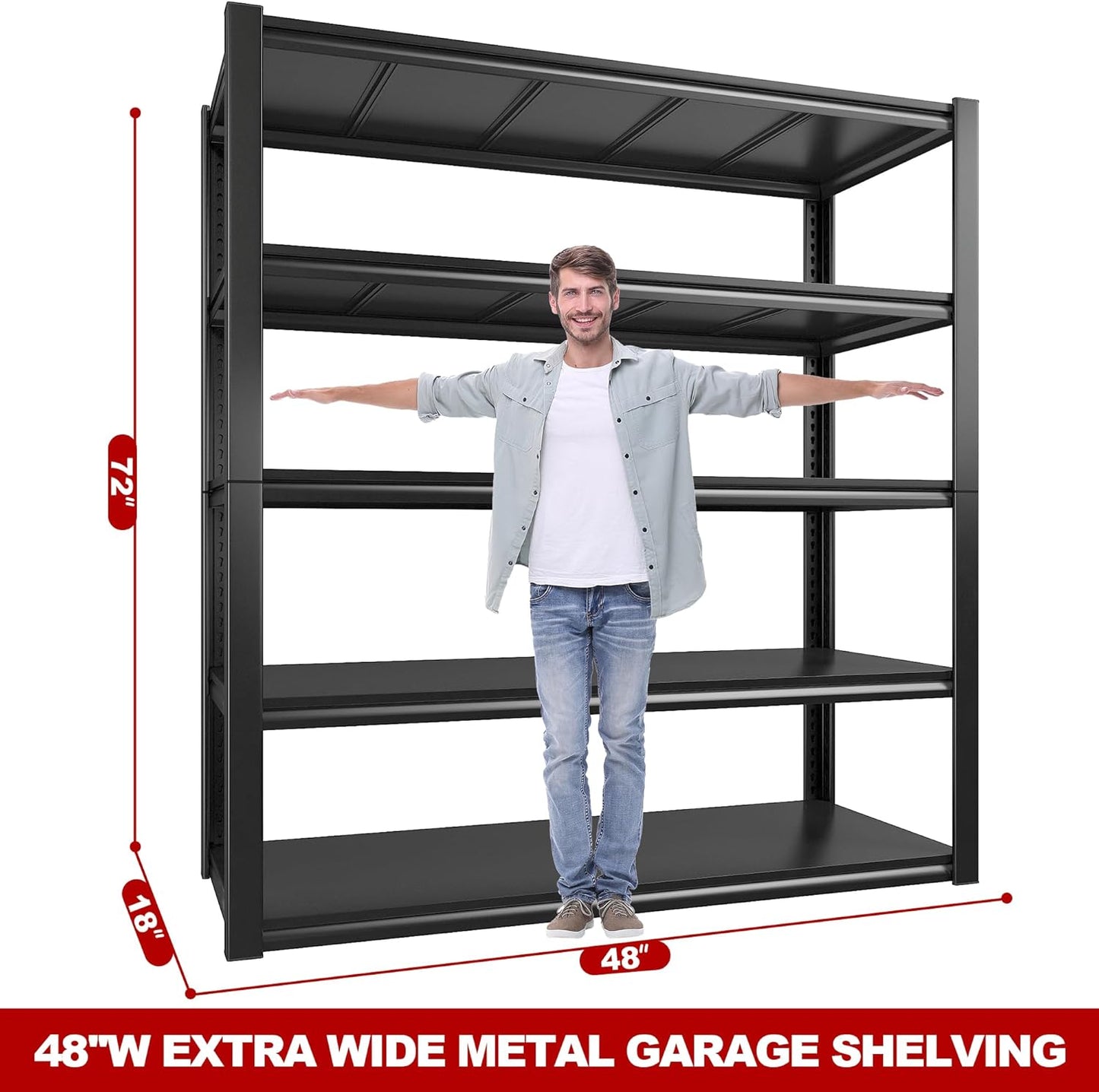 REIBII 48" W Garage Shelving 2500LBS Storage Shelves Adjustable Metal Shelving Heavy Duty Garage Shelves for Warehouse Pantry Basement 48" W x 72" H x 18" D, 2 Pack