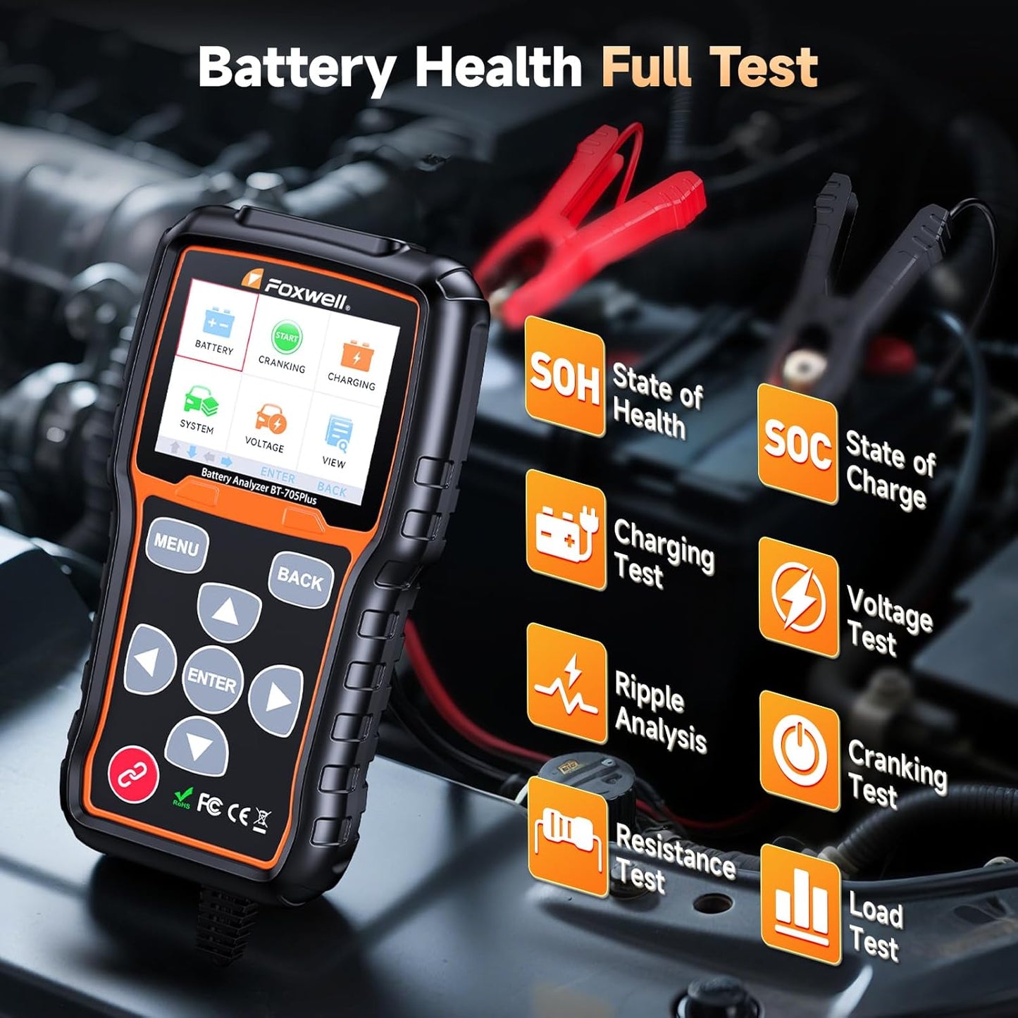 FOXWELL BT705 Plus Car Battery Tester 12V 24V Automotive, 100-2000CCA Battery Load Tester Digital Battery Analyzer Charging System Alternator Tester Cranking Checker for Car Heavy Duty Truck Marine