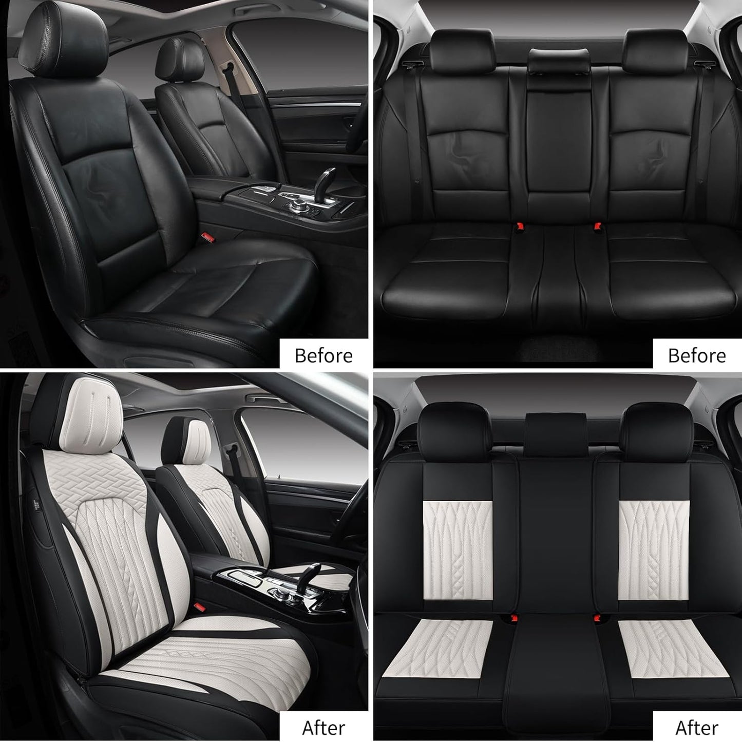 Car Seat Covers Full Set, Leather Seat Covers for Cars, Car Seat Protector Waterproof, Non-Slip Car Interior Covers Fit for Most Cars, SUV, Vans, Trucks,5Seaters,Full Set,Black-White