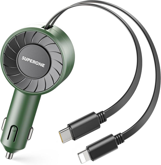 SUPERONE 3-in-1 Car Charger with Retractable Cords, USB C Charger Car Adapter Compatible with iPhone 16/15/14/13/12/11 Pro Max Samsung Android Phones