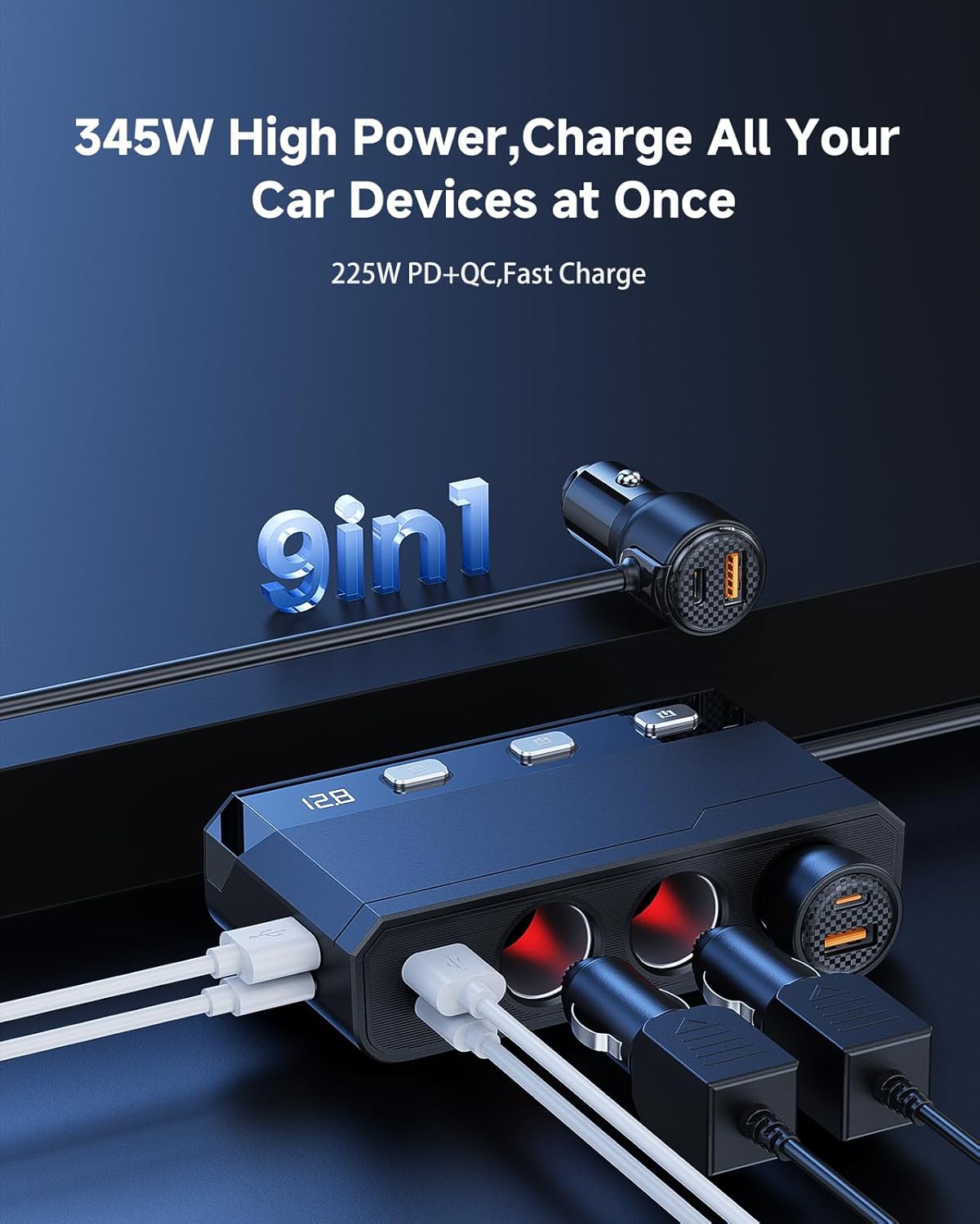 YANTU Cigarette Lighter Adapter 345W, Car Cigarette Lighter Splitter with QC3.0+PD 225W Fast Charging, 3-Socket 12V USB Outlet, Multi Port Car Charger Adapter for Car Devices