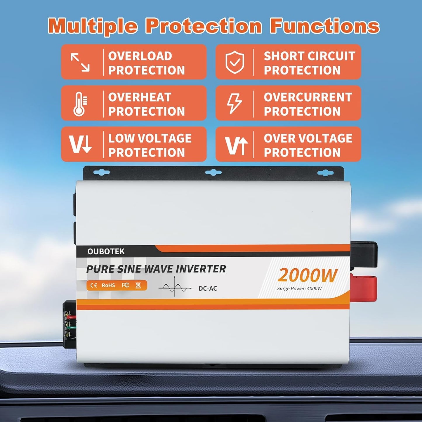 2000W Pure Sine Wave Inverter 12V DC to 120V AC Converter for Vehicles Boat Camping Outdoor Solar System, 2000 Watt Power Inverter with LCD Display, Remote Controller, USB Port, 4 AC Outlets