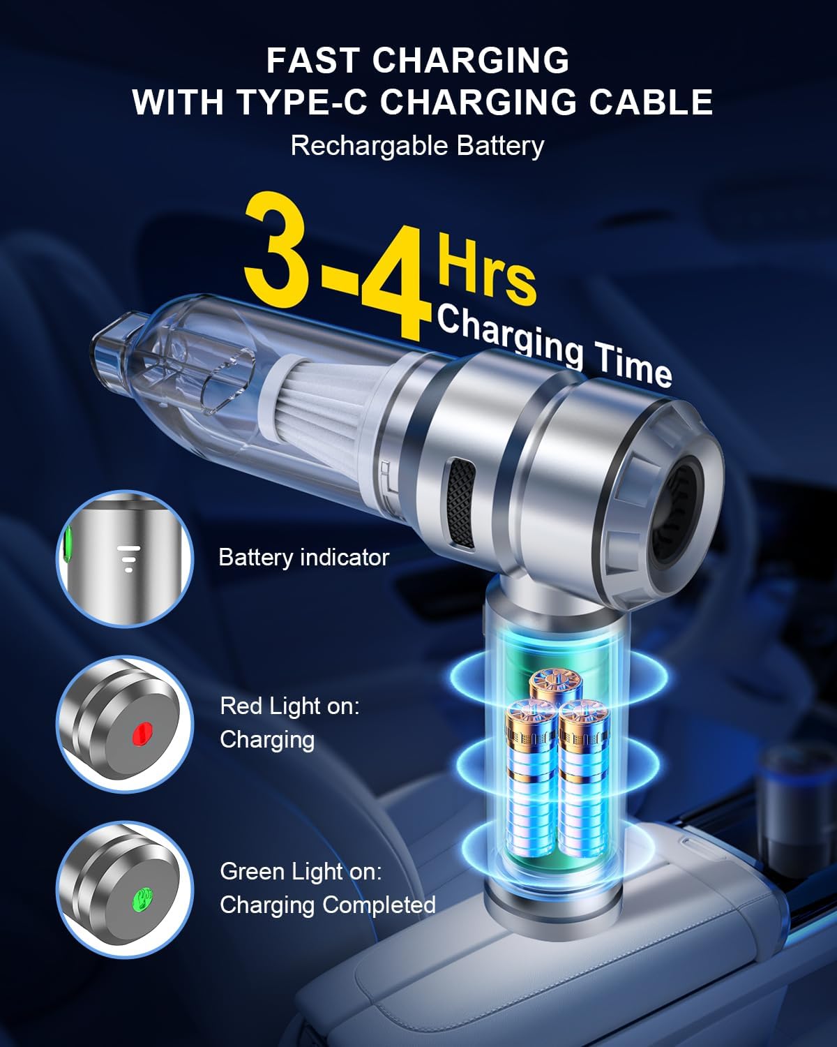 Car Vacuum,3 Suction Modes,Portable Mini Cordless Cleaner with 21000pa Suction Power,Type-C Charge,Handheld Vacuum for Home,Car, Office Desk, Keyboards(Mysterious Silver)