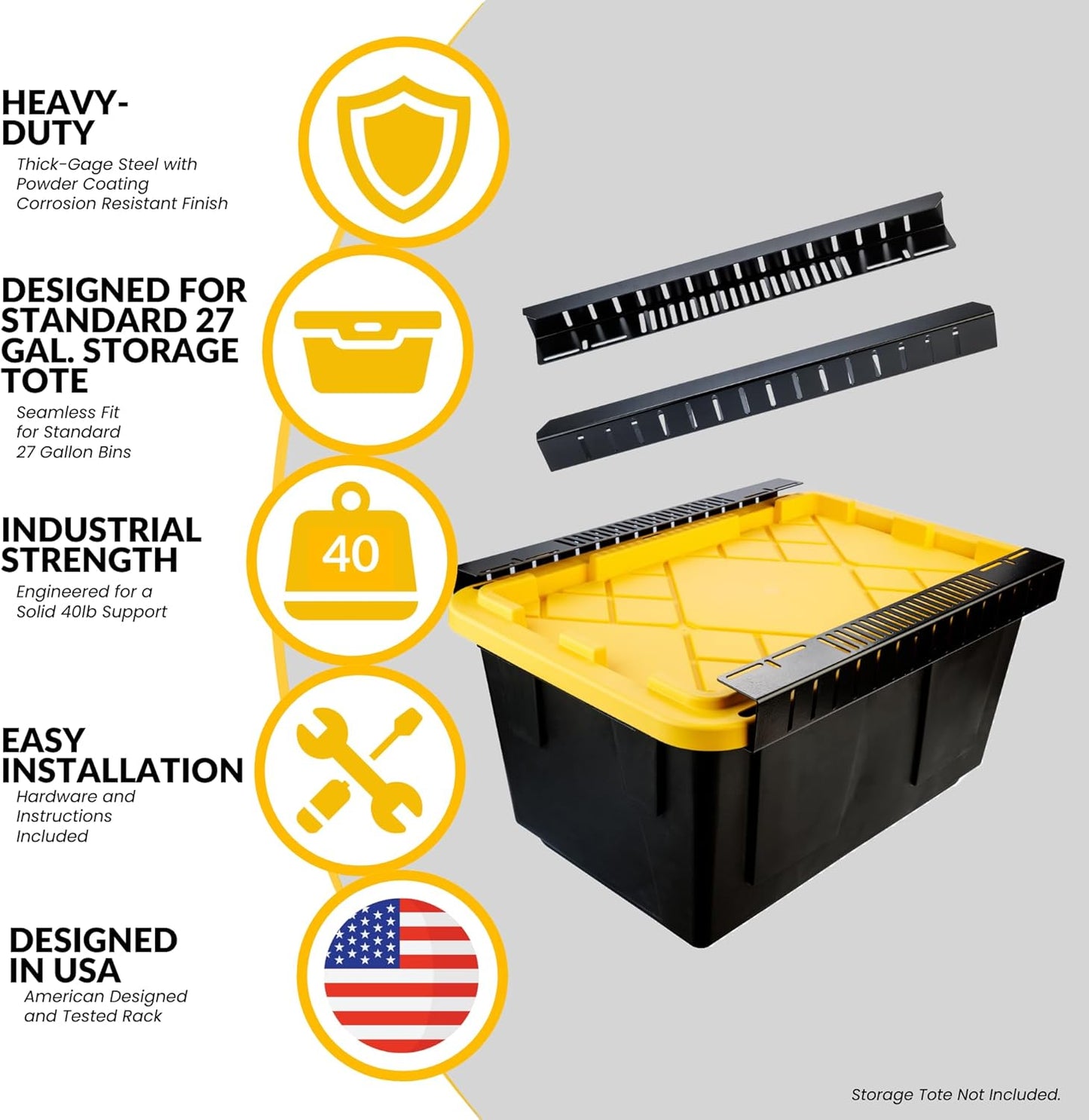 Overhead Bin Rack - Ceiling Mount Overhead Garage Rack | Adjustable Width and Orientation | Heavy Duty Ceiling Bin Storage Rails | Fits Black & Yellow Storage Bins | USA Designed (8 Bins)