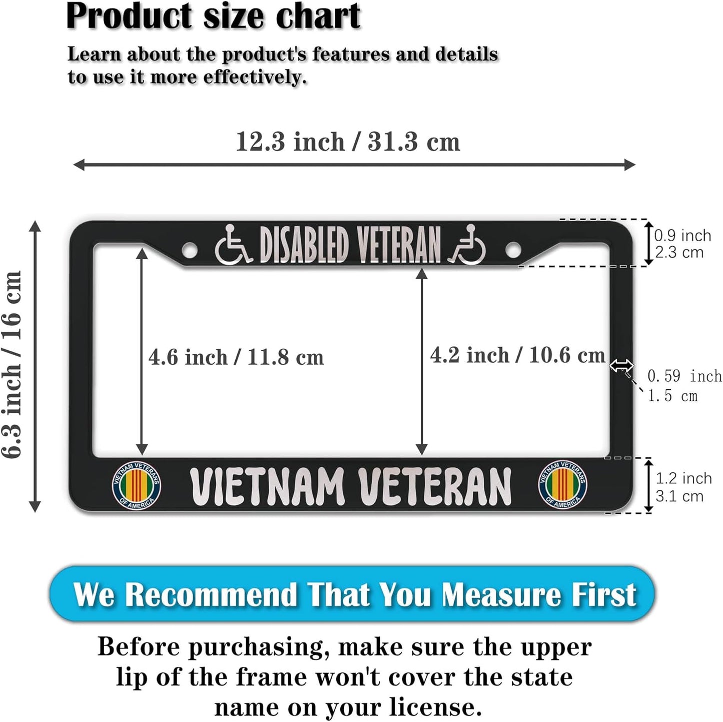 License Plate Frames Black and White License Plate Covers Disabled Vietnam Veteran Universal Aluminum Car Accessory 2 Pack with Screw Covers Set