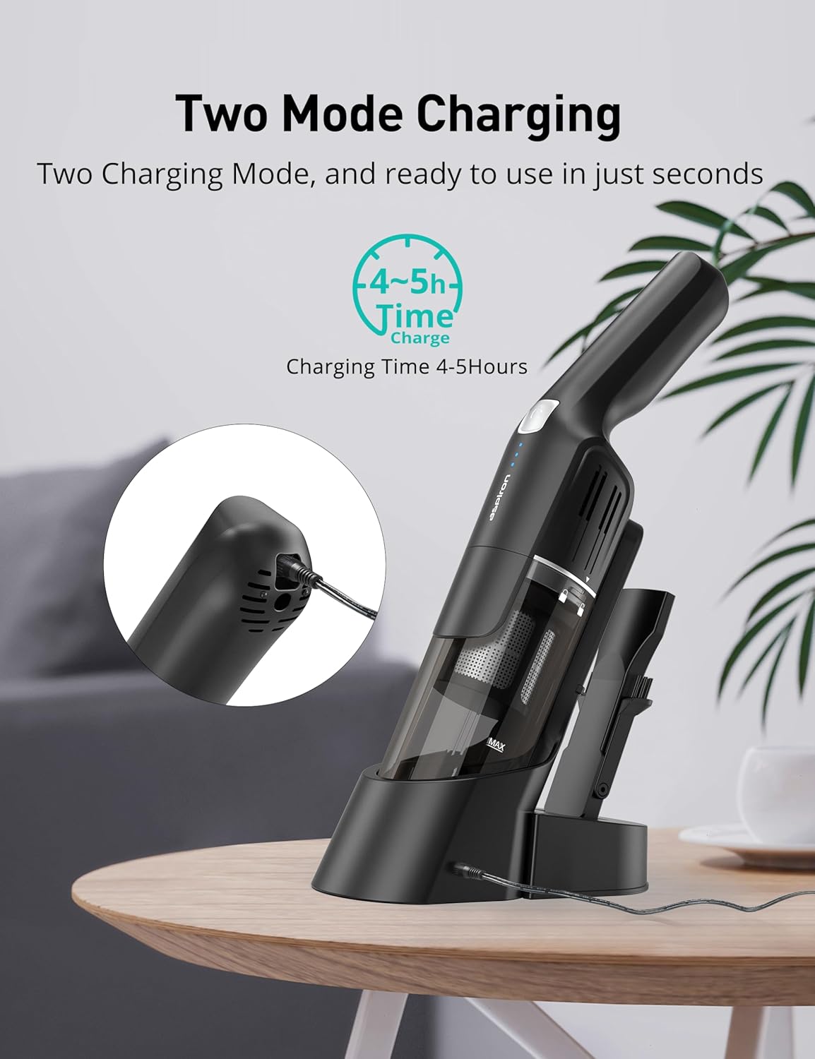 Aspiron Cordless Handheld Vacuum, 24KPA Powerful Car Vacuum, Rechargeable, Charging Dock, Ergonomic Handle, 2-in-1 Crevice Tool, 1.8lb Portable Vacuum Cleaner with 2-Speed for Car, Home, Black Silver
