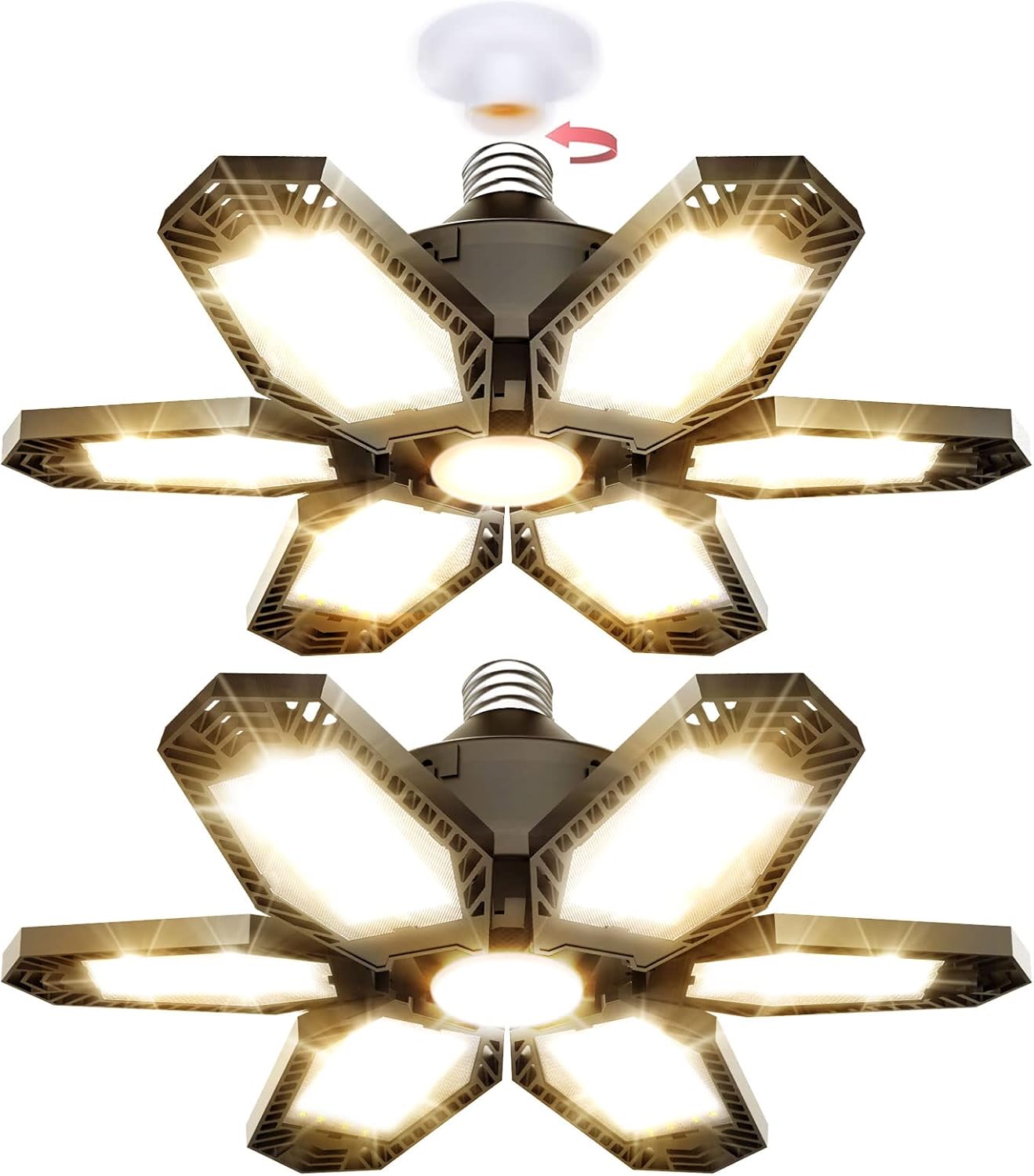 TANBABY 2 Pack Garage Light Warm 150W Led 3000k Garage Lighting 12000LM [Equivalent] Deformable Garage Light Ceiling with 6 Panels E26/E27 Base Illuminator 360 Basement Lights for Shop