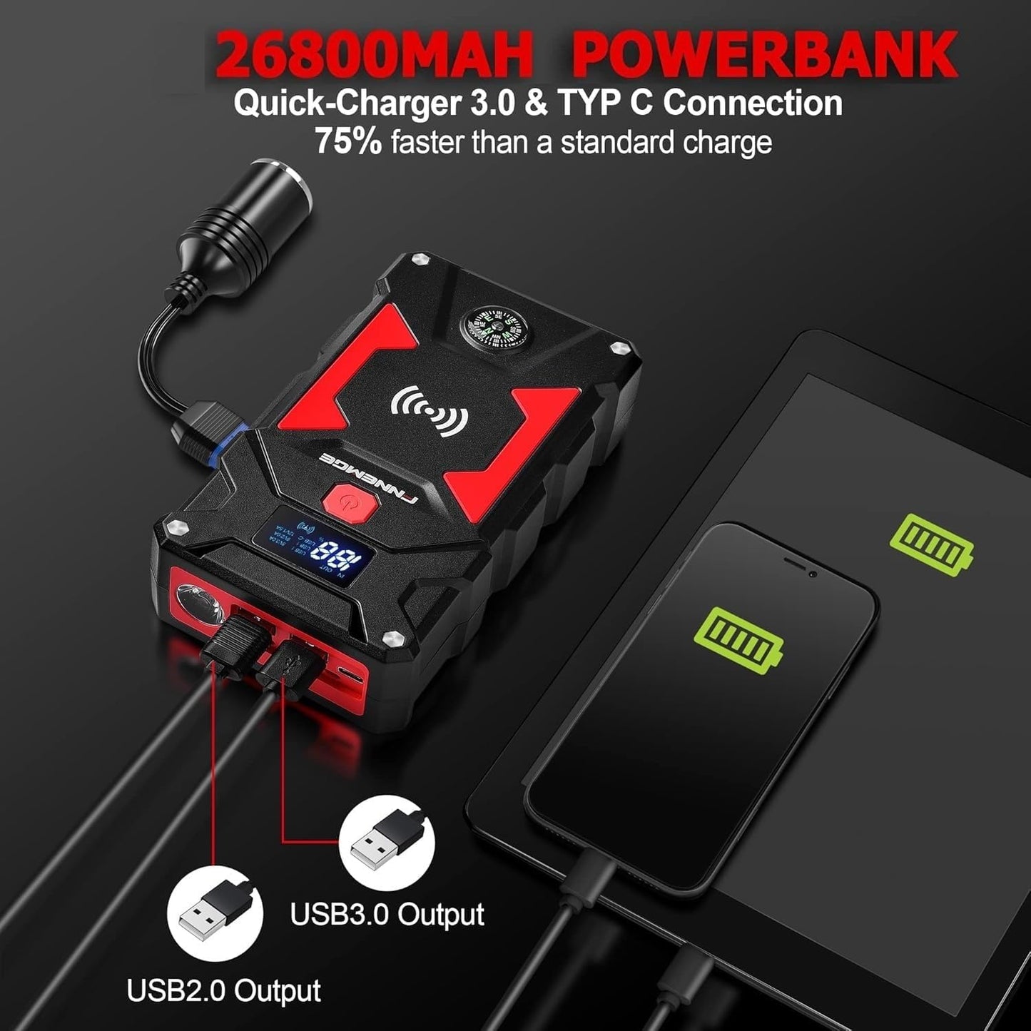 Car Jump Starter, 6000A Peak 26800mAh 12V Car Battery Starter(Up to All Gas, 10.0L Diesel Engine), with USB Quick Charge 3.0,LED Light,12V EC-5 Output.
