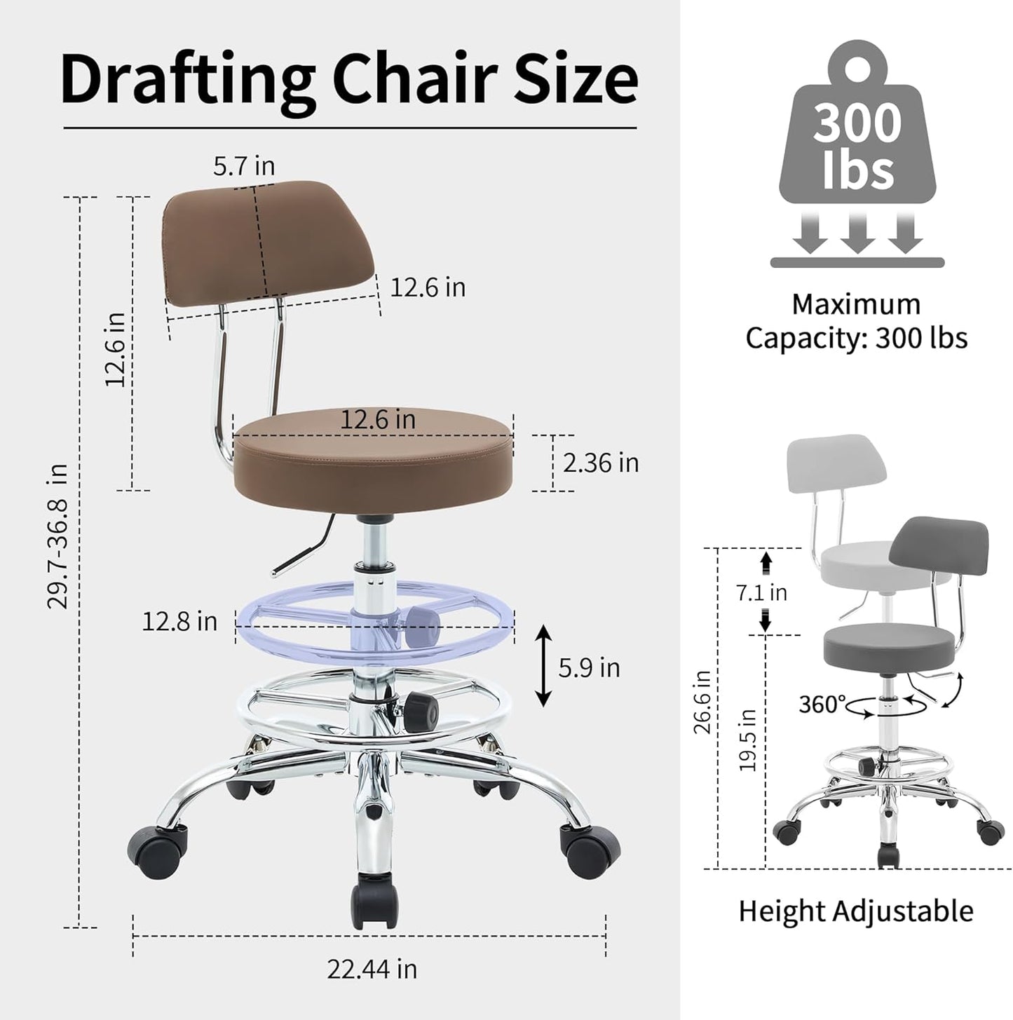 Office Drafting Chair (Rolling Office Stool) (Adjustable Height Footrest Massage Chair 19.56’’-26.6’’) Lab Stool with Back (Coffee Brown)
