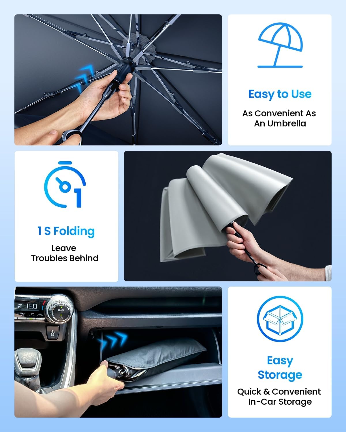 REEVAA 2025 Upgraded Car Windshield Sun Shade Umbrella [100% Sun Protection & Keep Cool] Protect Interior, 360° Flex Handle Sun Shield Sunshade, Medium (57''x32'') for Most SUV/Truck