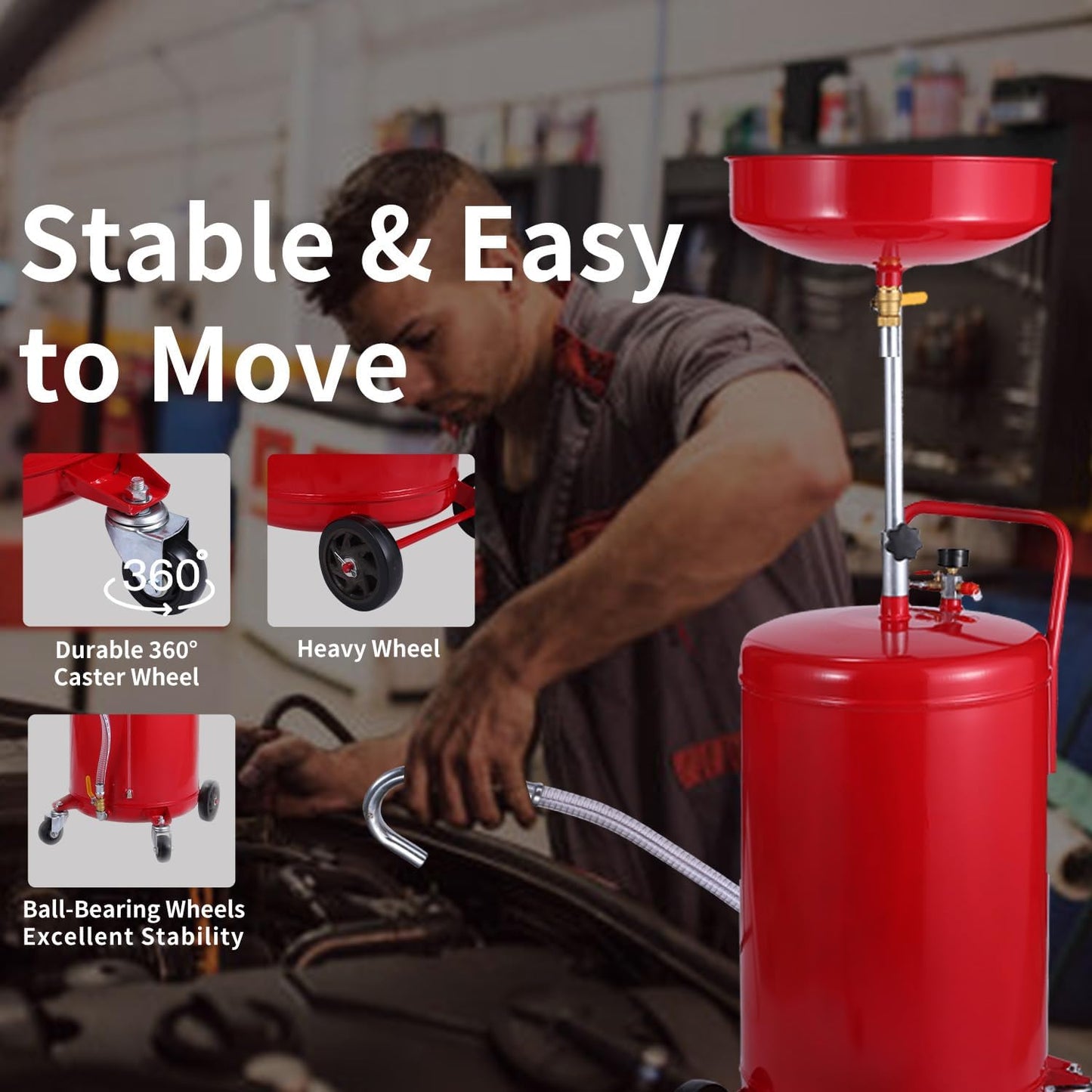 XtremepowerUS 20 Gallon Portable Waste Oil Drain Tank Air Operated Drainage Adjustable Funnel Height with Wheel, Red