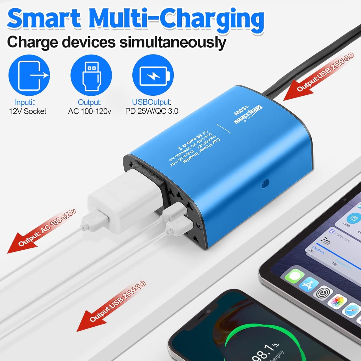 150W Car Power Inverter DC 12V to 110V AC Car Plug Outlet Adapter with PD 25W USB C & QC3.0 Car Laptop Charger-Blue