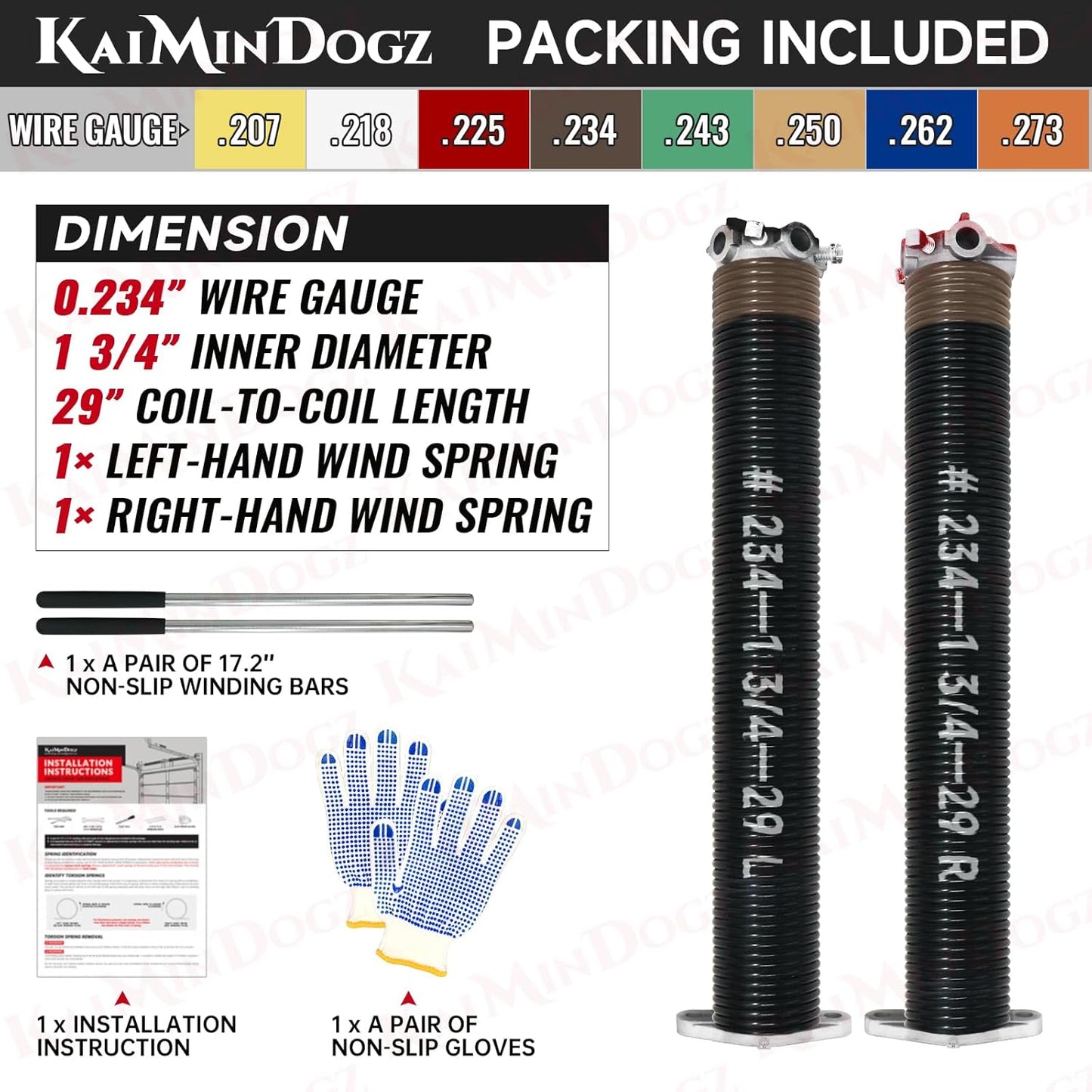 Pair of 1.75" Garage Door Torsion Springs Set with Non-Slip Winding Bars&Gloves, High Precision Electrophoresis Oil-Free Black Coated for Replacement, MIN 16,000 Cycles (0.234 x 1.75"x 29")