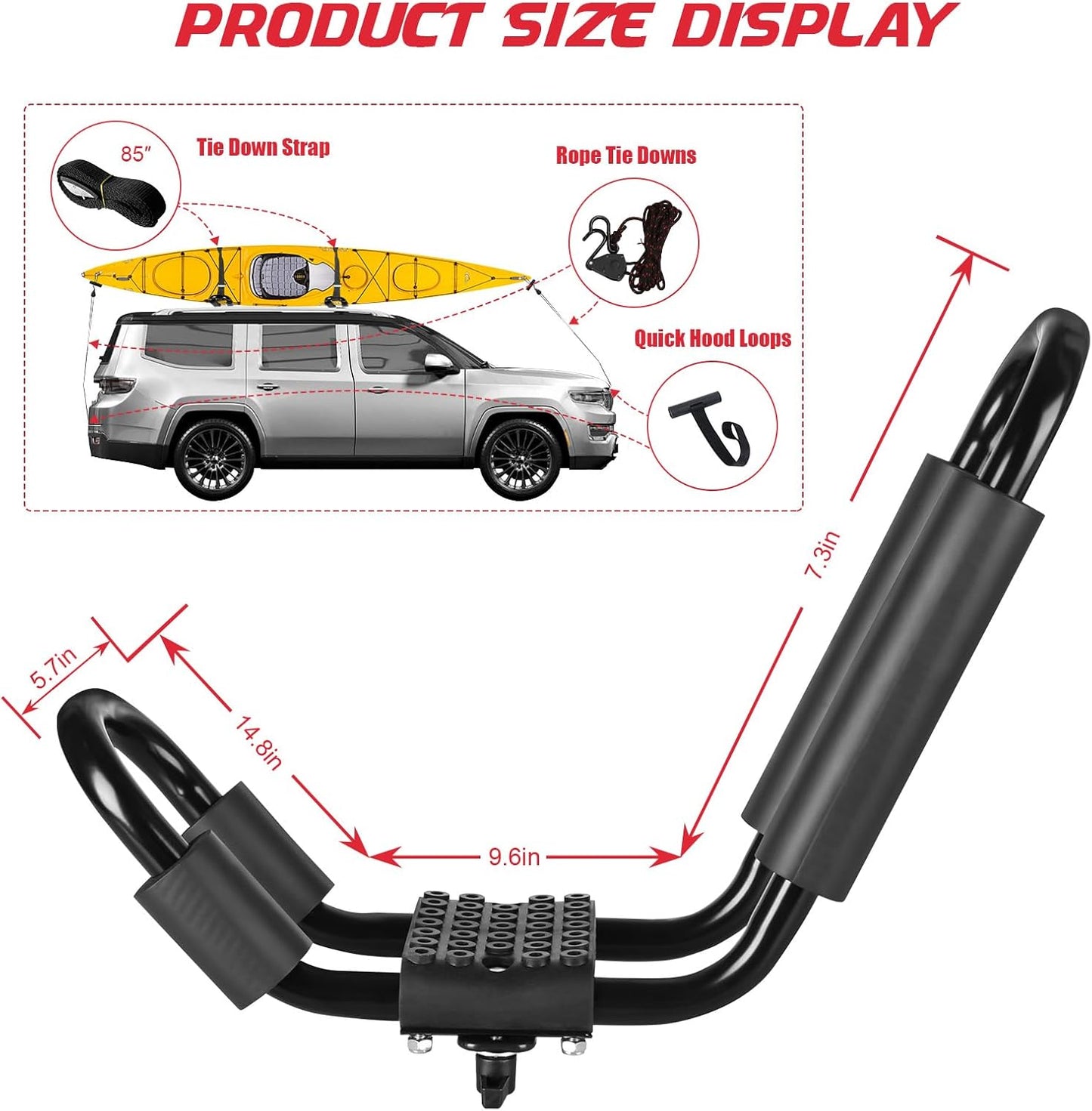 FORWODE Heavy Duty Kayak Roof Rack, 1 Pair J-Bar Kayak Rack with 2 Ratchet Tie, 2 S-Hook Ratchet Straps, 2 Anchor Belts for Kayak Canoe Boat Surf Ski on SUV Car Truck Crossbar