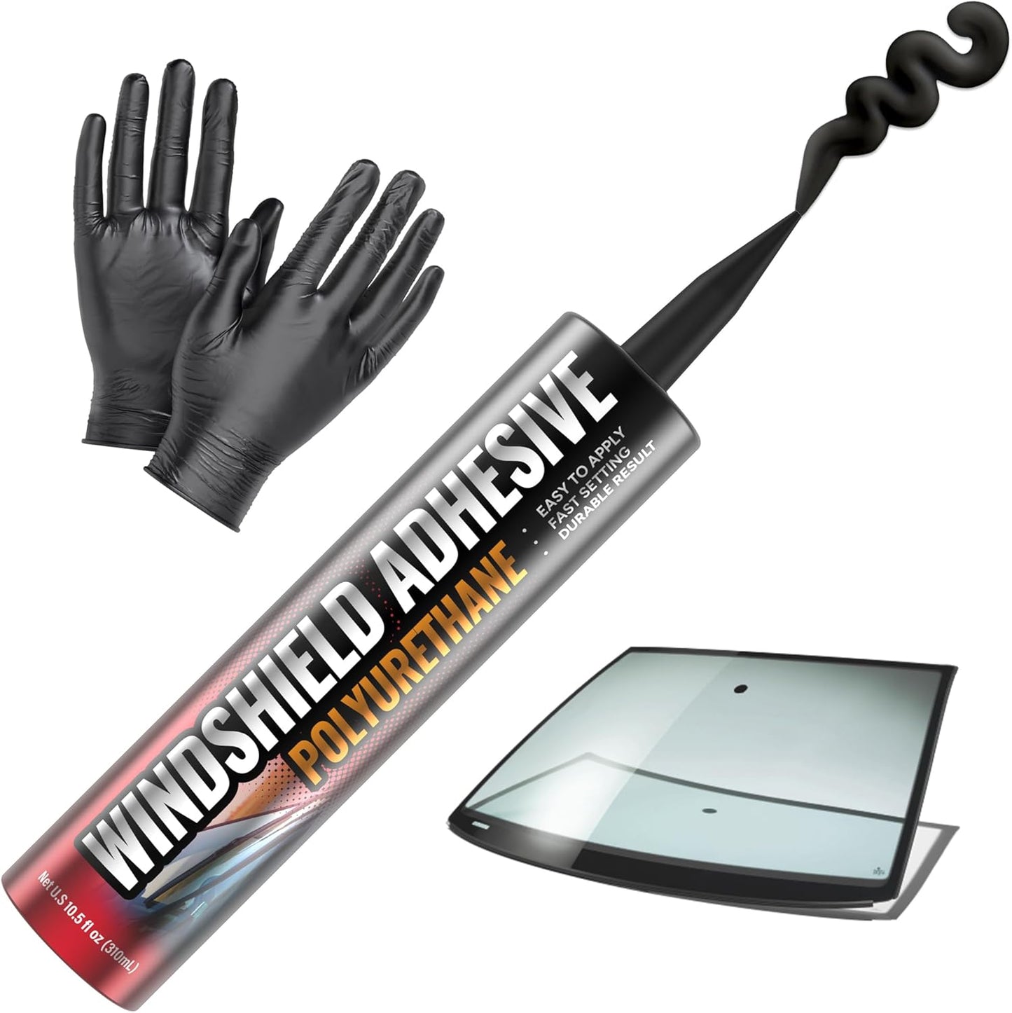 Polyurethane Windshield Adhesive - Quick Curing & Weather Resistant Auto Glass Adhesive, Vertical & Overhead Application, Windshield Repair Kit with Gloves, Applicator Tip & Cartridge - 310ml Black