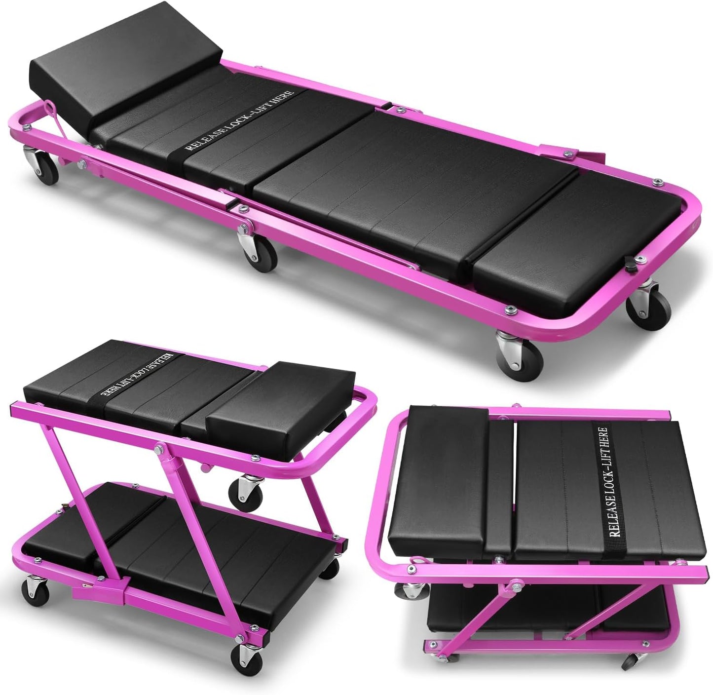 DNA MOTORING 48" 2 IN 1 Folding Rolling Garage Shop Creeper Roller Seat, 7 Pcs 2" Casters, 350 Lbs Weight Capacity, Purple, TOOLS-00193-PR