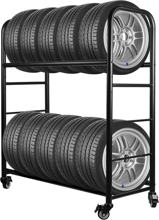 Tire Rack, 56 x 44 x 20 Inches Garage Tire Storage and Organization, Rolling Tire Rack 218KG/480LBS Capacity,2 Storage Shelf & 4 Swivel Casters,Black