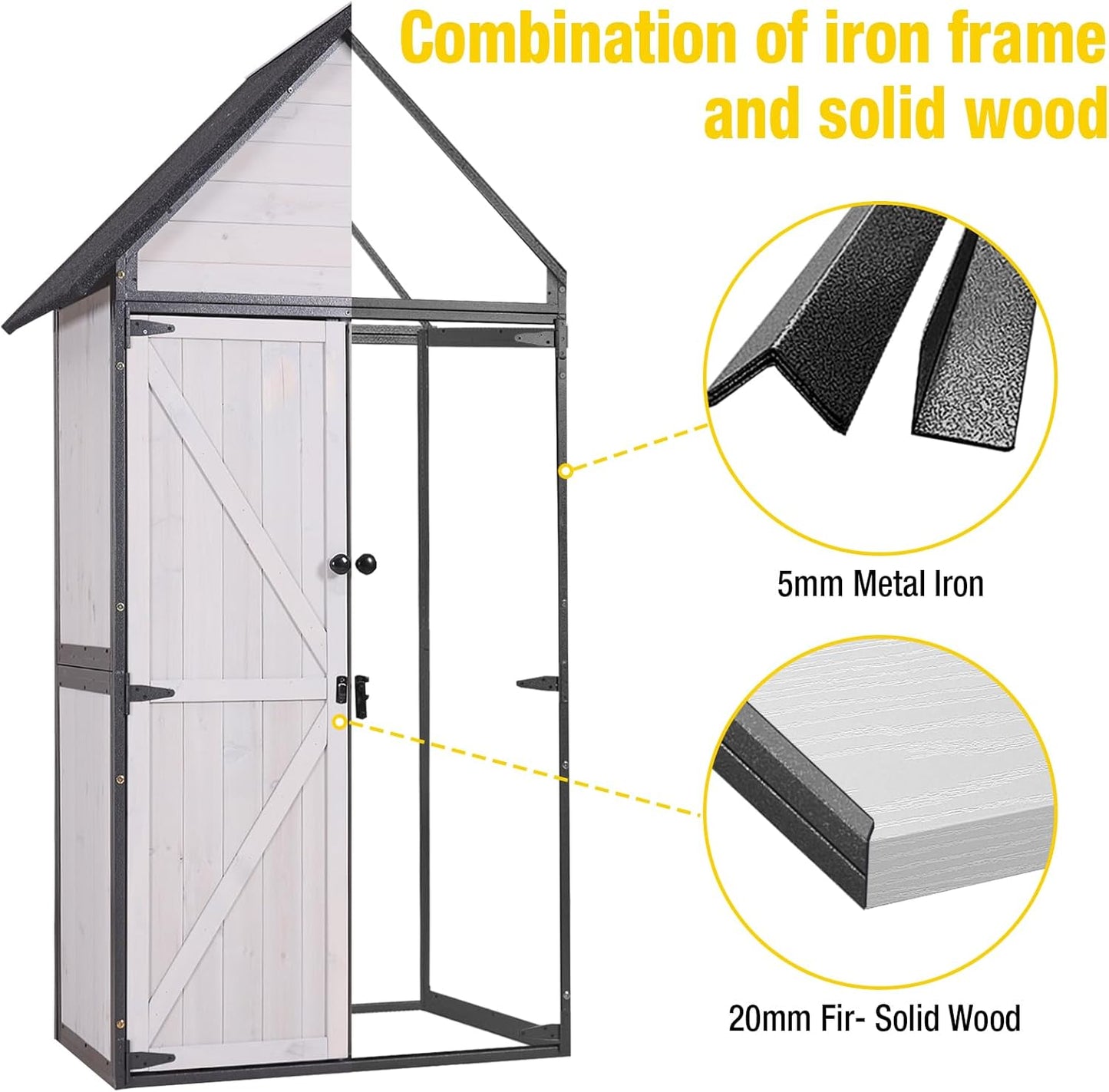 Outdoor Storage Shed,Vertical Wooden Tool Shed with Waterproof Roof,Adjustable 3 Tiers Shelves,Storage Tool Cabinet Box with Metal Frame Sloped Roof for Backyard Garden Patio Lawn (Off White)
