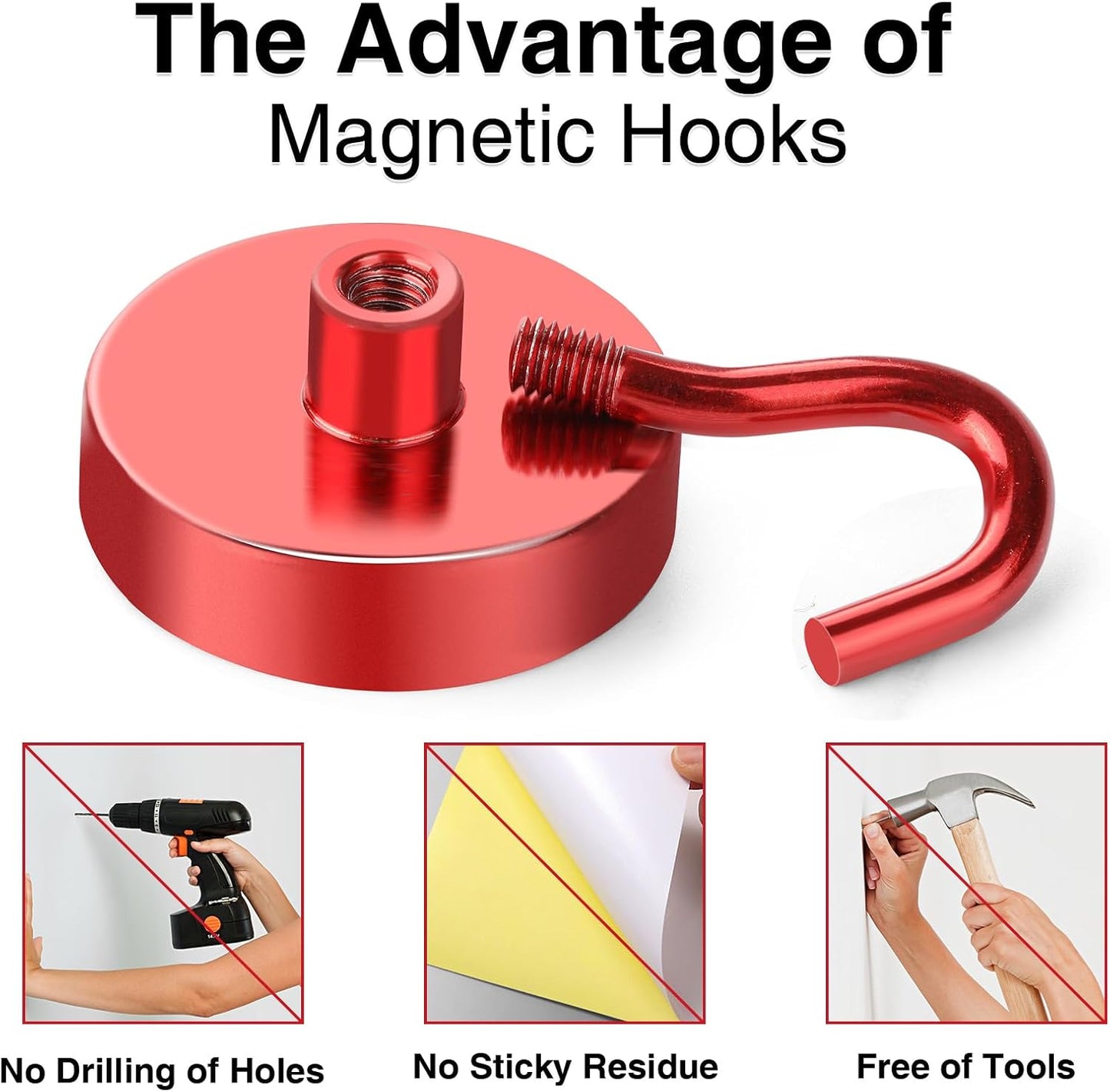 MIKEDE Magnetic Hooks Heavy Duty, 150LB Strong Magnet with Hook for Fridge, Super Neodymium Strength Industrial Hooks for Hanging, Magnetic Hanger for Toolbox, Cruise, Grill(Red,10 Pack)