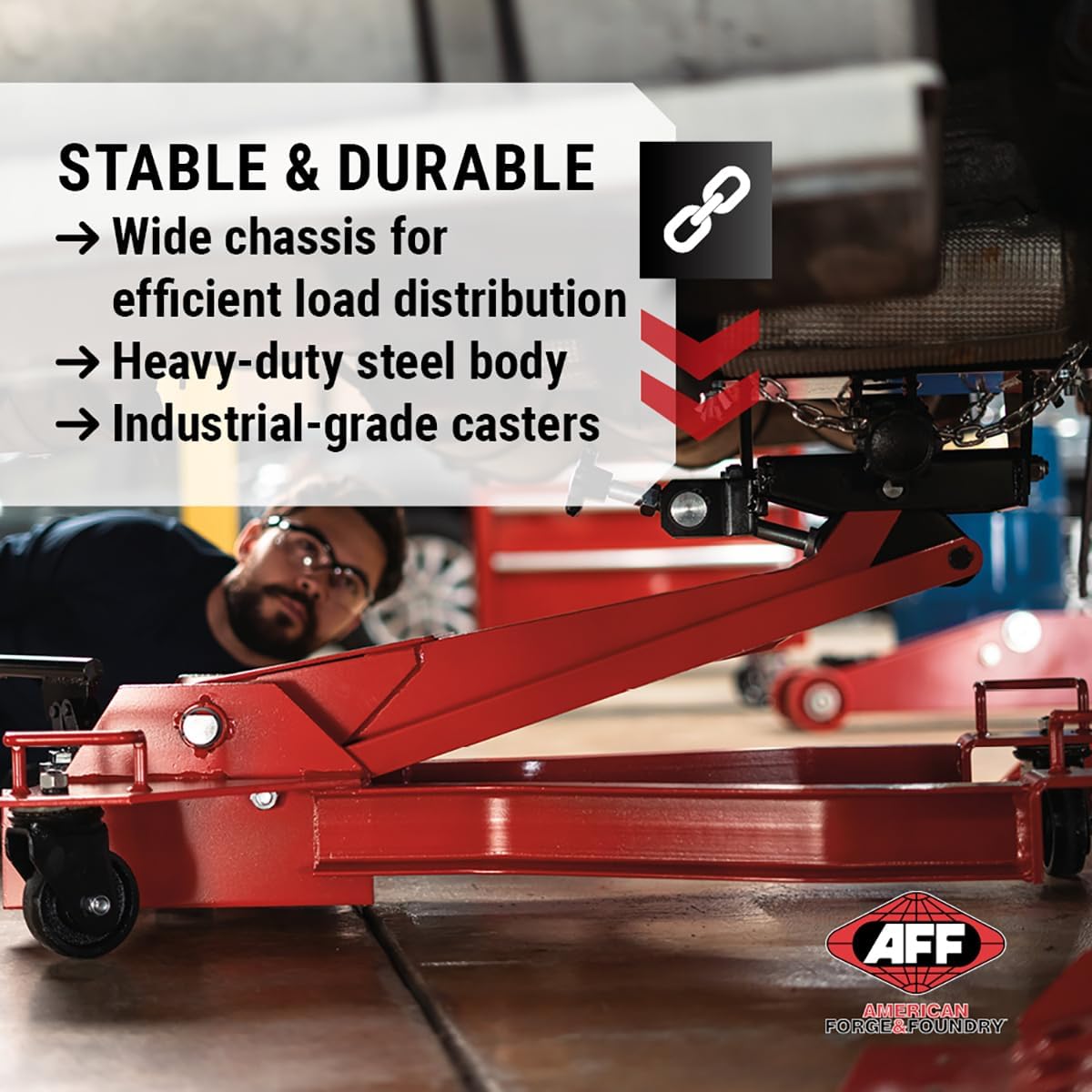 AFF Low Profile Manual Hydraulic Transmission Jack - Heavy Duty Steel Body, Adjustable Saddle with Safety Chain & 360 Handle - for Transmissions, Transfer Cases & Differentials (Multiple Capacities)