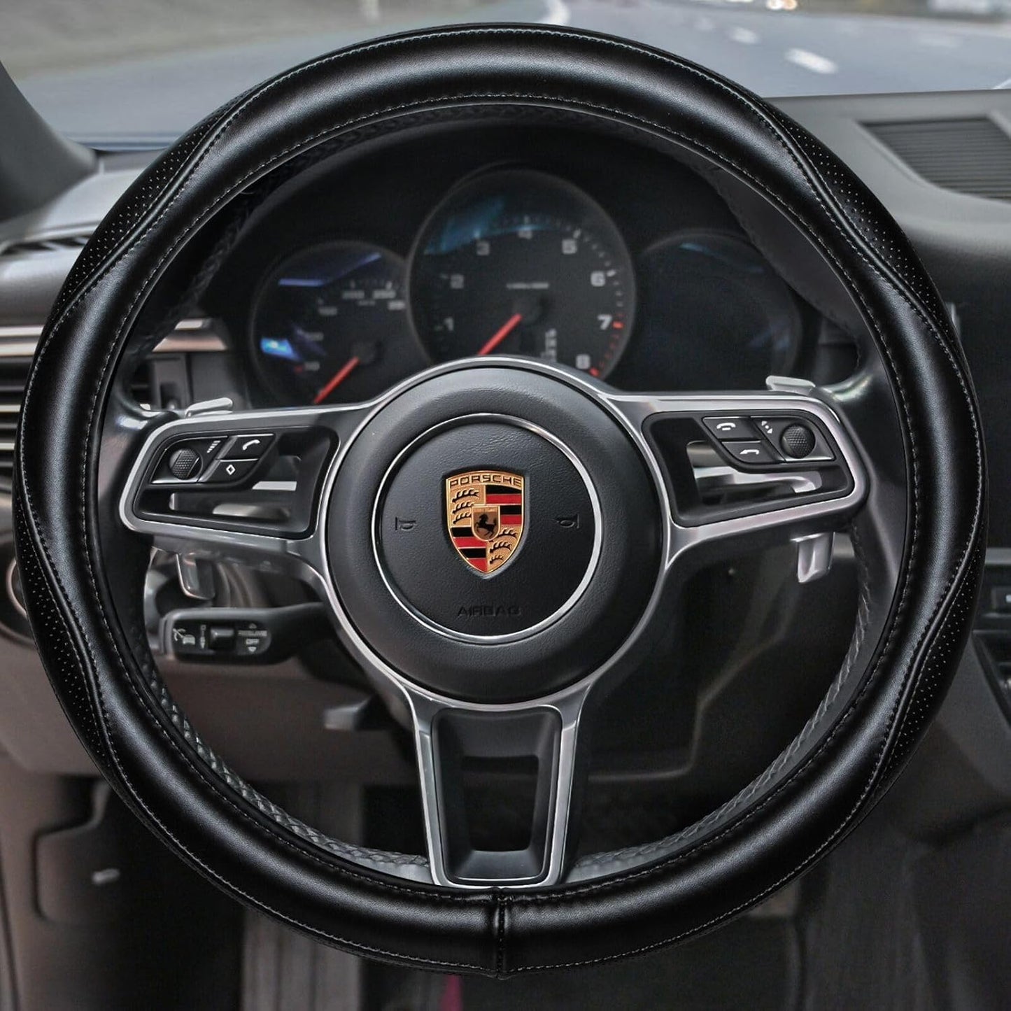 HAOKAY Top Grade Black Genuine Leather Steering Wheel Cover Men Women, Luxury Steering Wheel Cover for Cars, SUVS and Trucks，Universal 14.5-15 inch