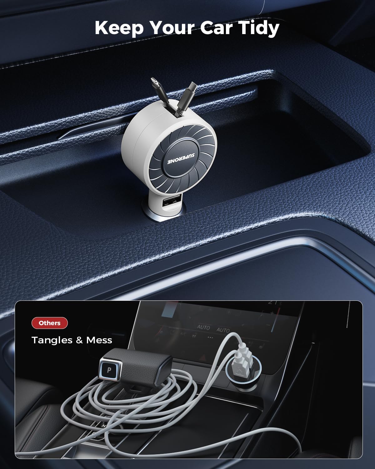 SUPERONE 3-in-1 Car Charger with Retractable Cords, USB C Charger Car Adapter Compatible with iPhone 16/15/14/13/12/11 Pro Max Samsung Android Phones