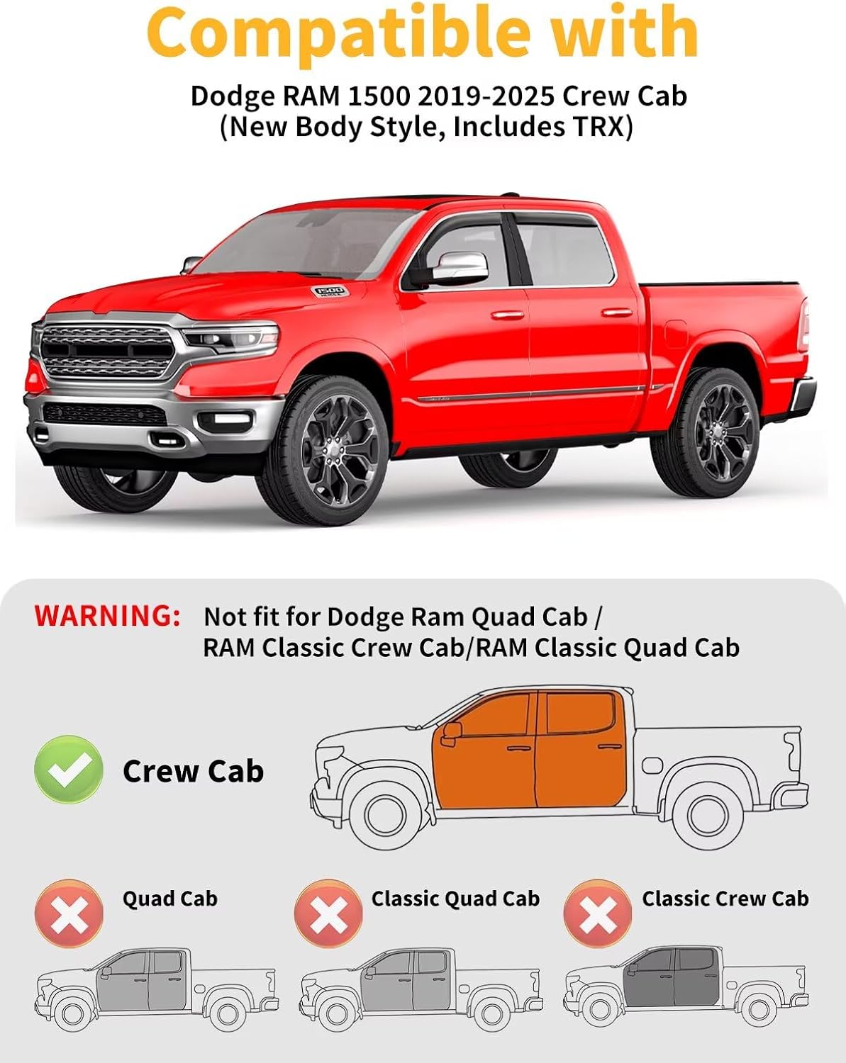 in-Channel Window Rain Guards Fit for Truck Dodge RAM 1500 (New Body Style Includes TRX) 2019-2025 Crew Cab Extra Durable Window Visors Window Deflectors Vent Shades Car Accessories-4 pcs