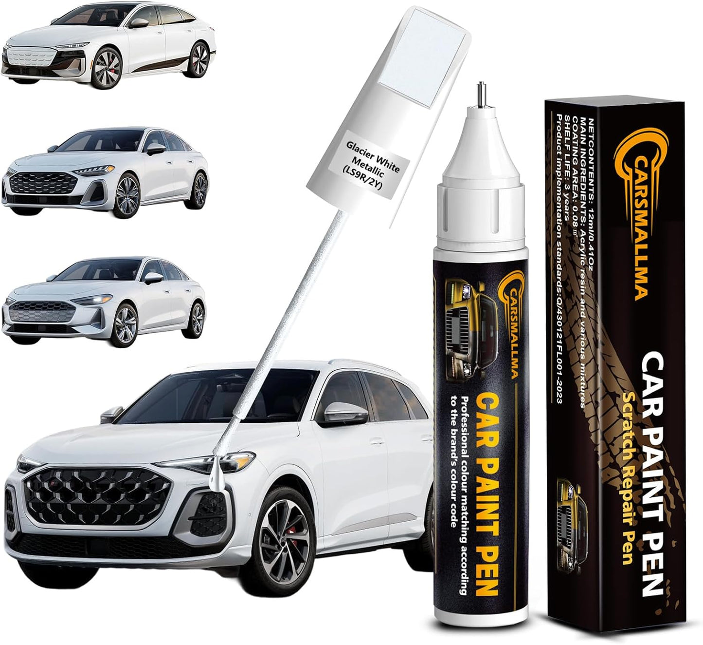 LS9R/2Y Glacier White Metallic Car Touch Up Paint for Audi, Color Accurate Car Paint Scratch Repair Pen Kit Quick & Easy Fix Vehicle Chips and Automotive Nicks Scuff