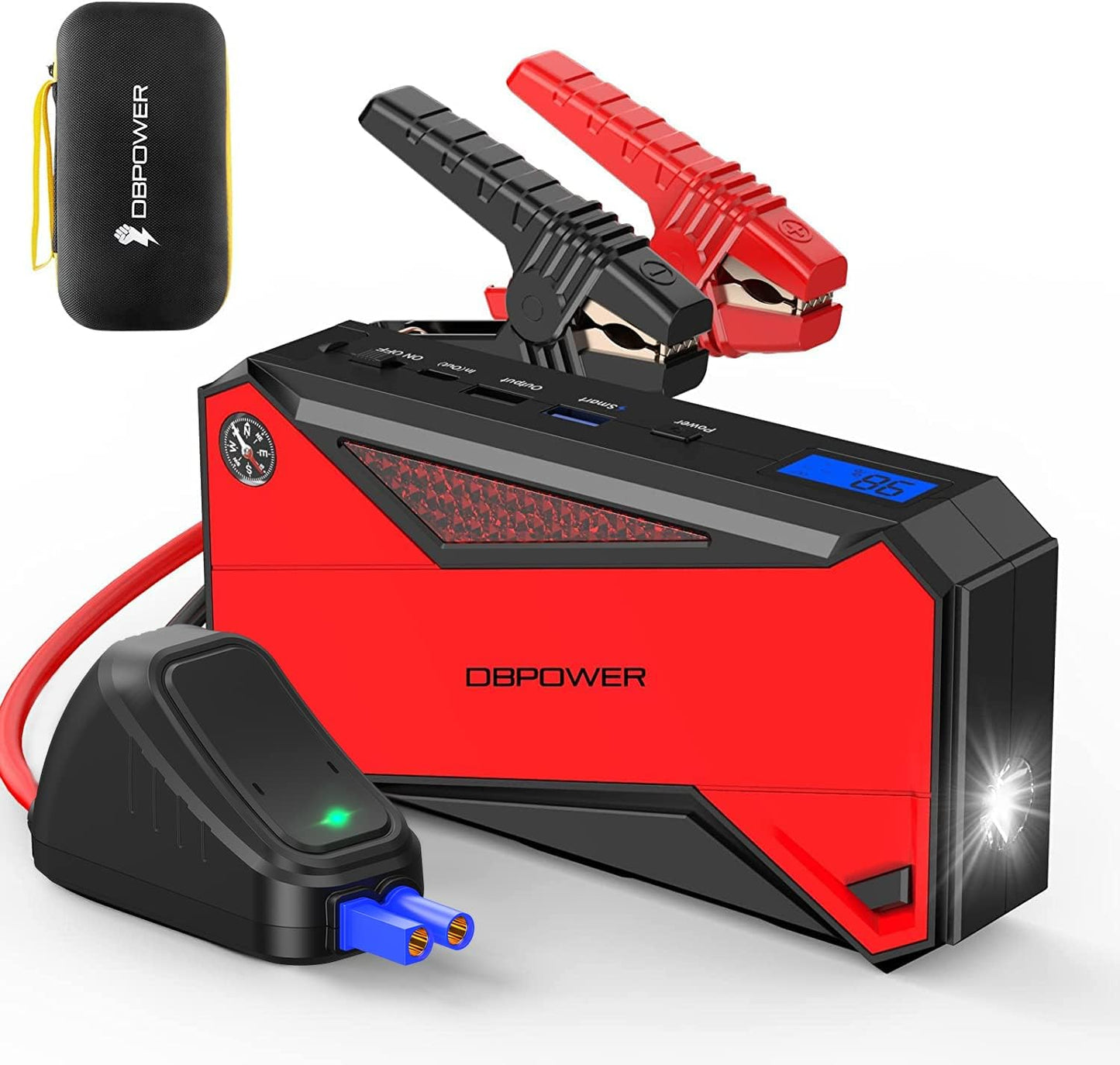 DBPOWER Peak 1600A 18000mAh Portable Car Jump Starter(up to 7.2 Gas, 5.5L Diesel Engines) Battery Booster with Smart Charging Port, LCD Display, Intelligent Jumper Clamps, Compass and LED Light