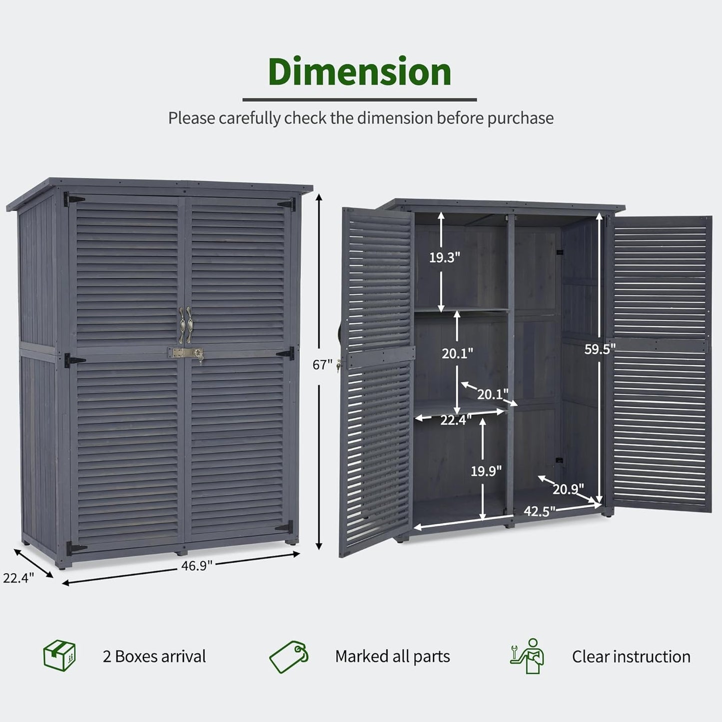 MCombo Outdoor Storage Cabinet, Wooden Storage Shed with Latch, Outside Garden Tool Shed with 2 Doors for Patio Yard Lawn, 1900 (Grey, Large)