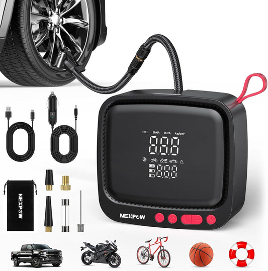 NEXPOW Tire Inflator Portable Air Compressor, 180 PSI Cordless Air Pump for Car Tires with Dual Digital Pressure Gauge & Auto Shut-Off, Portable Tire Pump for Car, Motorcycle, Bicycle, Ball and More