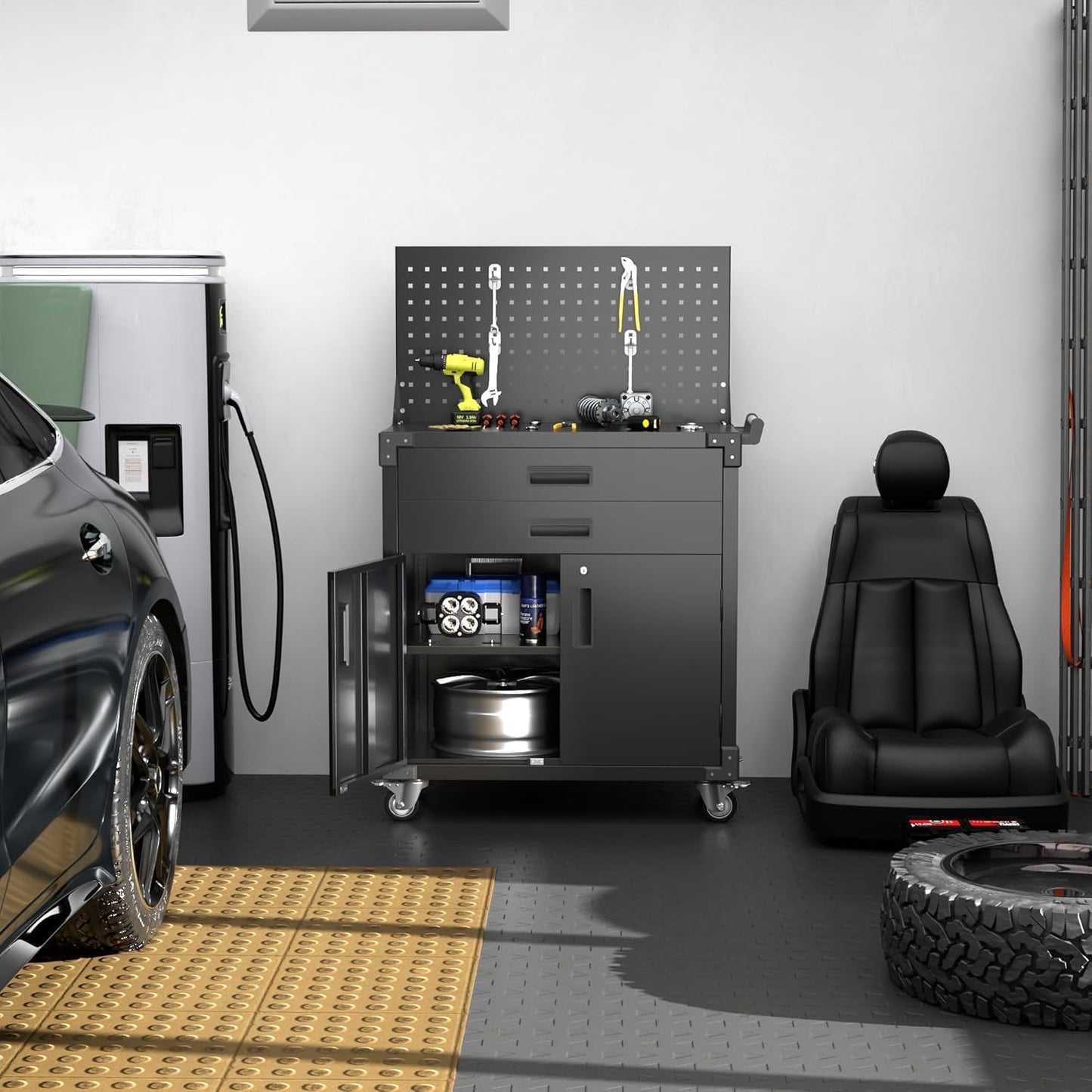 Black Tool Cart with Pegboard and 4 Hooks,Garage Storage Cabinet on Wheels with 2 Drawer,Industrial Service Utility Tool Cart for Mechanics, Garage, Workshop