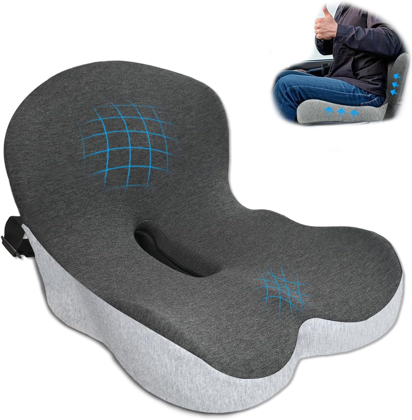 Memory Foam Seat Cushion,Office Chair Cushion with Lumbar Support for Back Pressure Relief, Car Seat Cushion with Adjustable Strap,Sciatica Pad Cushions for Car,Truck, Desk,Gaming Chair