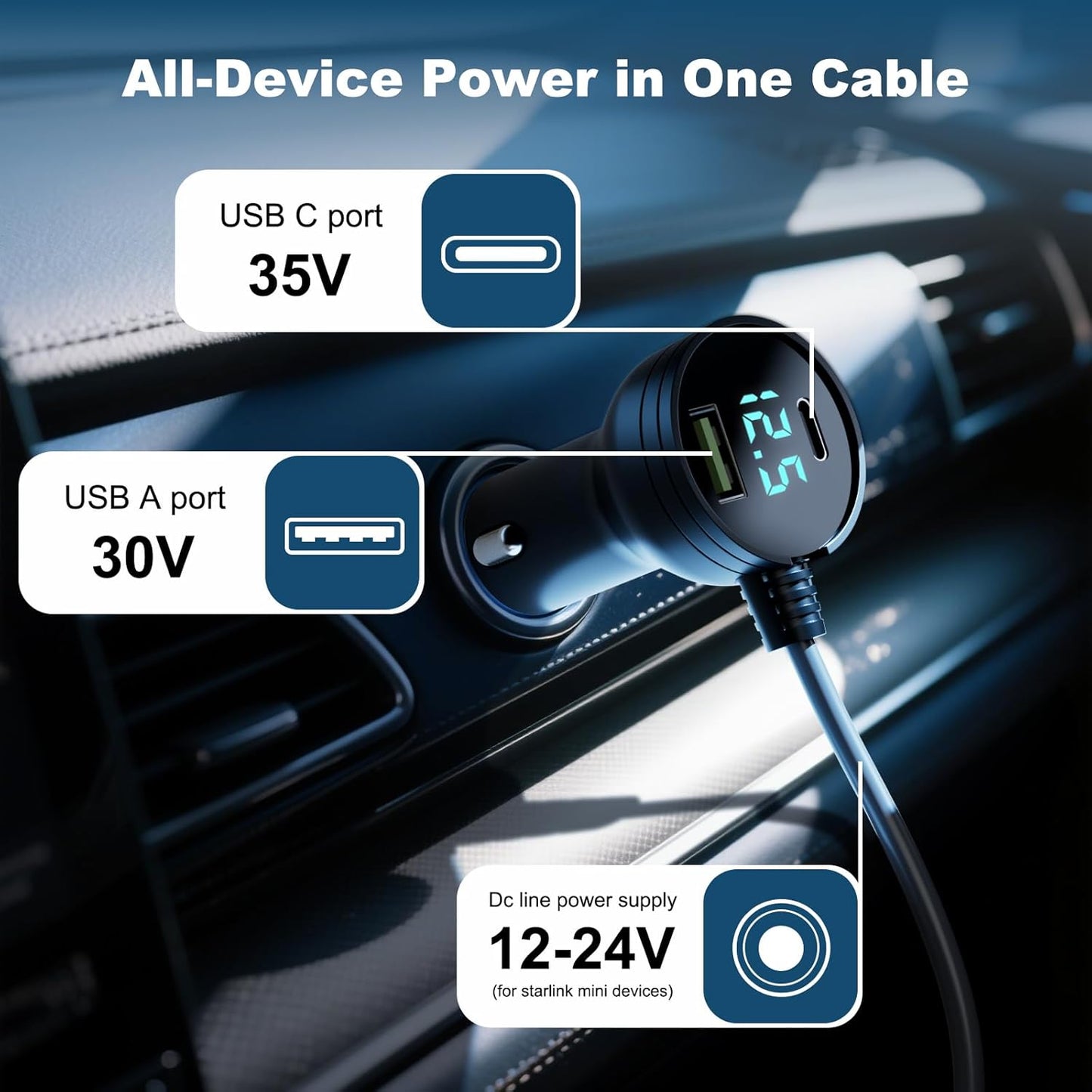 Starlink Mini Car Adapter 3M/10FT, Starlink Cable Car Charger 12V-24V, Starlink Mini Cigarette Lighter Adapter with Digital Display, Built-in Protections Starlink Accessories