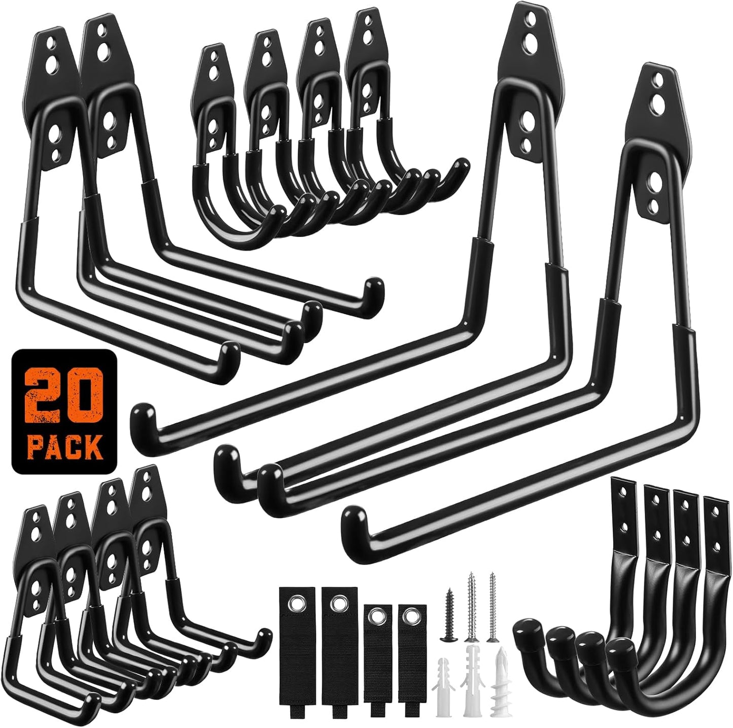 Garage Hooks, 20-Pack Steel Garage Accessories for Organization and Storage, Heavy Wall Mount Duty Hooks with Anti-Slip Coating for Hanging Ladder, Bike, Power Tools and More Tools, Black