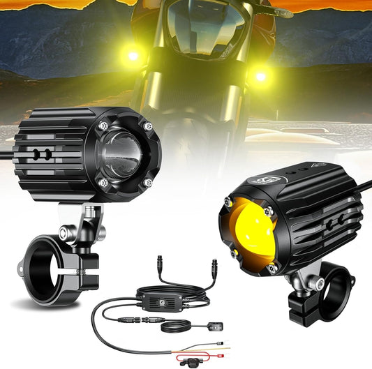 Motorcycle Auxiliary LED Light Driving Spotlights White/Amber Fog Lights with Mount Brackets Wire Harness Waterproof Offroad Work Lights Compatible with Motorcycle J-eep Car Truck 60W Driving Lamps