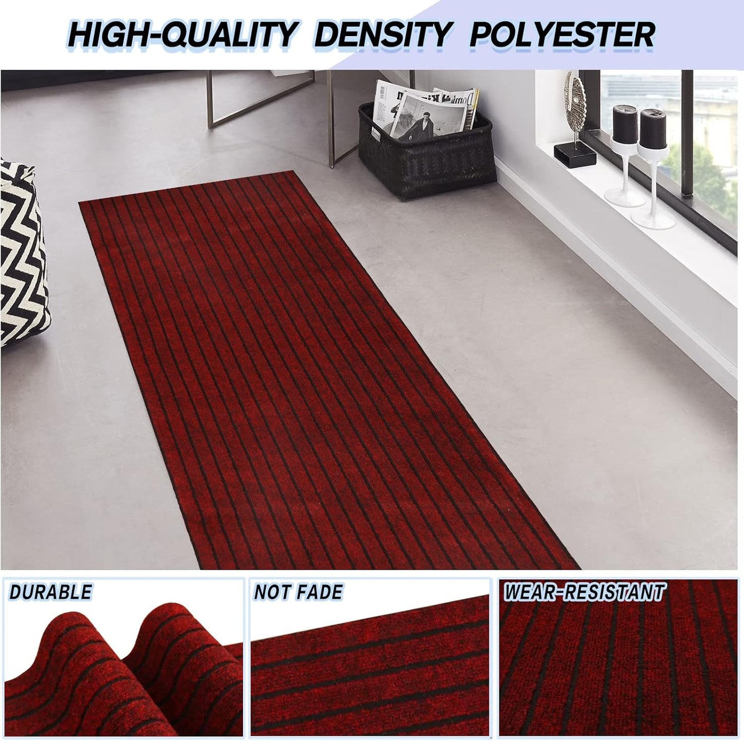 Custom Size Backed Non-Slip Area Rugs Runner, Easy Clean, Waterproof Runner Rugs for Hallway Entryway, Kitchen, Laundry, 2FT x 82FT, Red Stripe