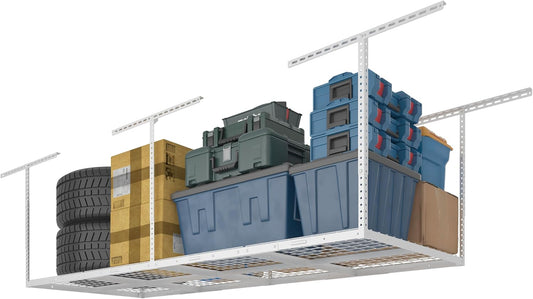 FLEXIMOUNTS 3x8 Overhead Garage Ceiling Storage Rack, Adjustable Garage Organization System, Heavy Duty Metal, 600lbs Weight Capacity, White