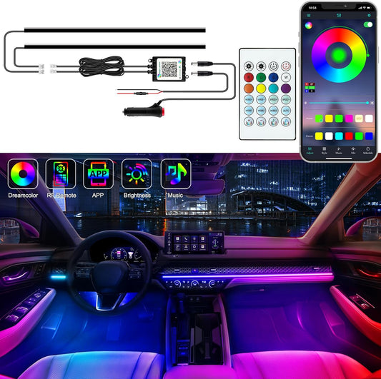 Interior Car LED Strip Lights, Acrylic LED Lights for Car with Dynamic Dreamcolor Chasing, Ambient Lighting Kits Music Sync Wireless APP and RF Remote Control (2 * 29.5'')