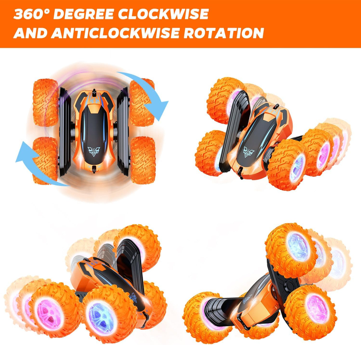 Remote Control Car, 2.4GHz Electric Race Stunt Car, Double Sided 360° Rolling Rotating Rotation, LED Headlights RC 4WD High Speed Off Road Gift for 3 4 5 6 7 8-12 Year Old Boy Toys (Orange)