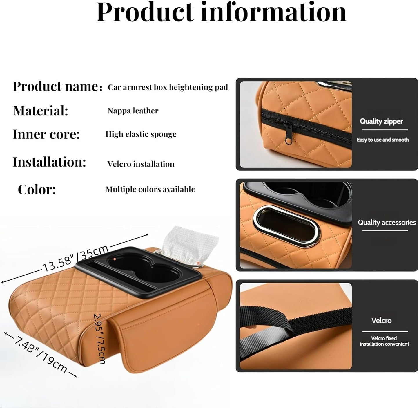 Car Center Console Cover Booster Multifunctional Car Center Console Cushion Pad with Cup Holder & Tissue Box & Side Pockets Arm Rest Cover for Car, Embossed, Black