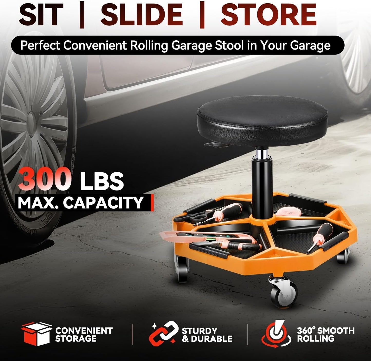 Auto Dynasty Mechanic Stool, Adjustable Rolling Pneumatic Creeper Garage Shop Seat with Tool Tray, 300 LBS Roller Seat for Workshop Auto Repair, Adjustable Height 15.7" to 21", Orange