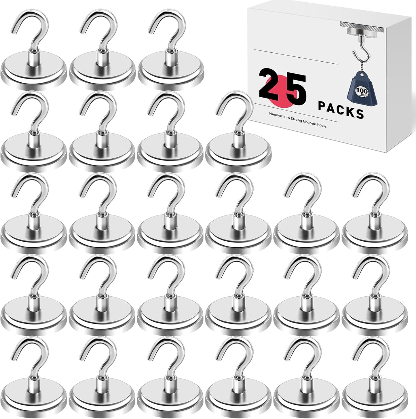 LOVIMAG Magnetic Hooks for Cruise Cabins, 110lbs Magnetic Hooks for Classroom, Strong Magnets with Hooks for Hanging, Neodymium Magnet Hooks for Fridge, Ceiling, Locker, Camper, Travel-25 Pcs