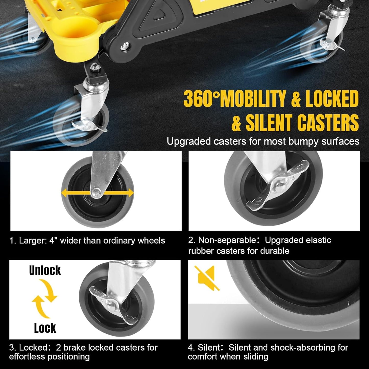 YELLOW JACKET Mechanic Stool with Wheels Rolling Stool Chair 300 lbs Capacity,Garage Mechanics Seat with Two Tool Tray and A Drawer Workshop Creeper Seat for Auto Repair Work