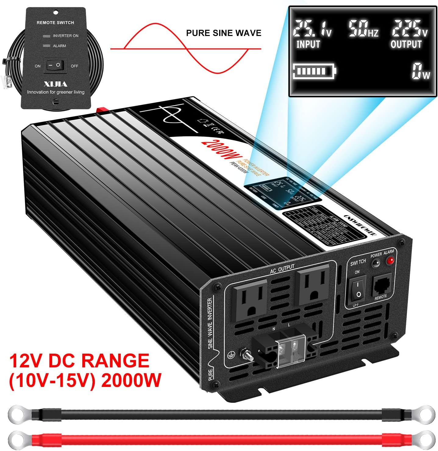 Xijia Pure sine Wave Inverter 2000w Power Inverter (Peak Power 4000W) dc 12v to 110v 120V ac rv Converter (DC12V (Range 10V-15V) 2000W)